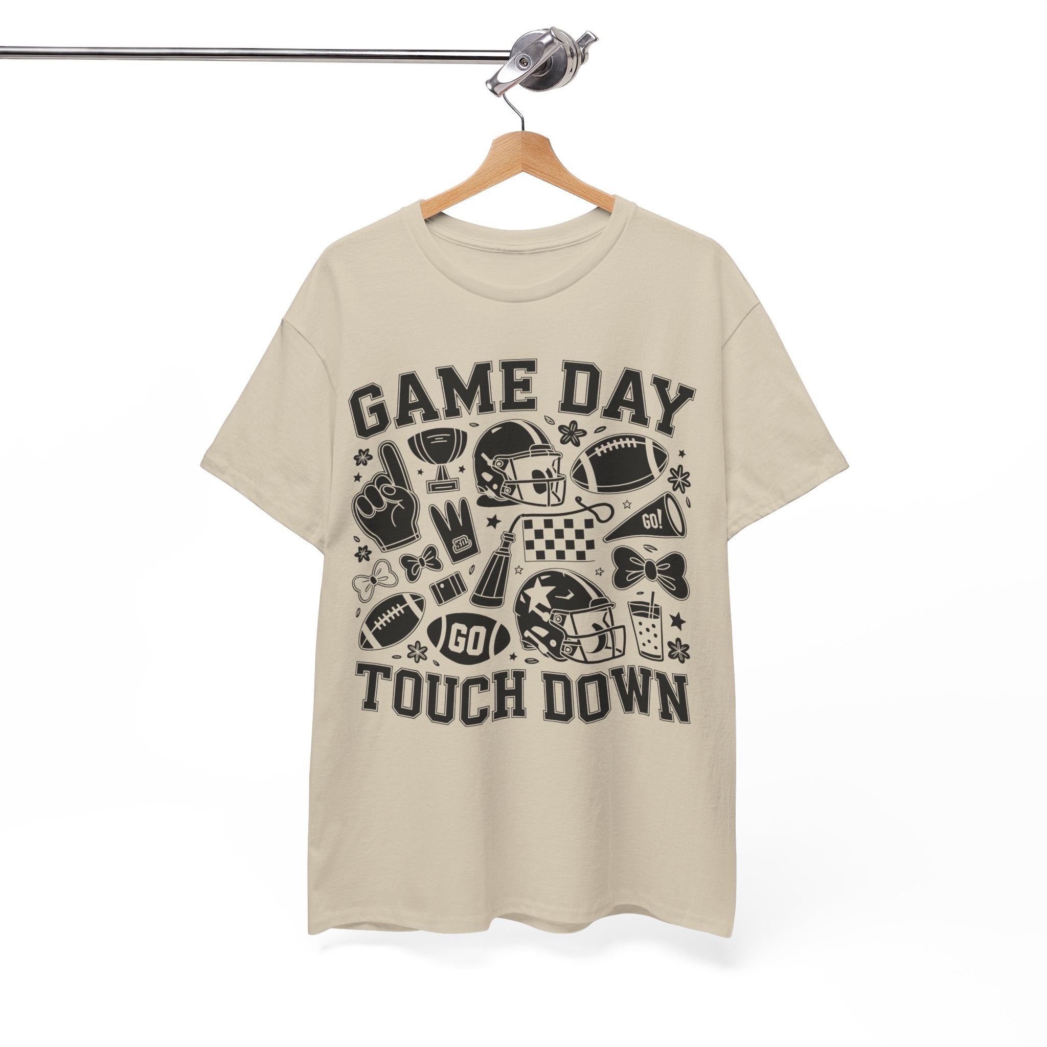 Game Day Touch Down Football T‑Shirt — Helmet & Cheer Monochrome Design Unisex Cotton Tee