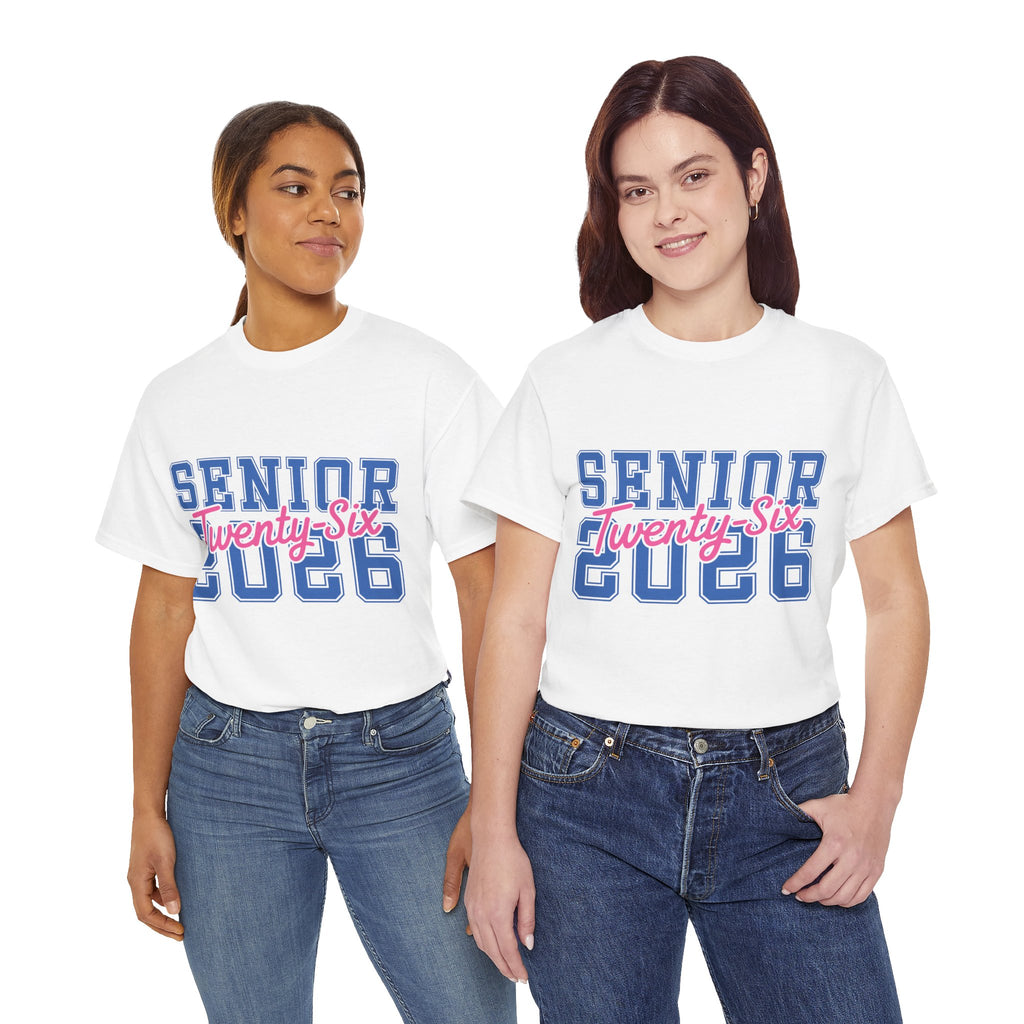Senior 2026 Tee — Pink Varsity Block with Blue Script Overlay Unisex Cotton Tee