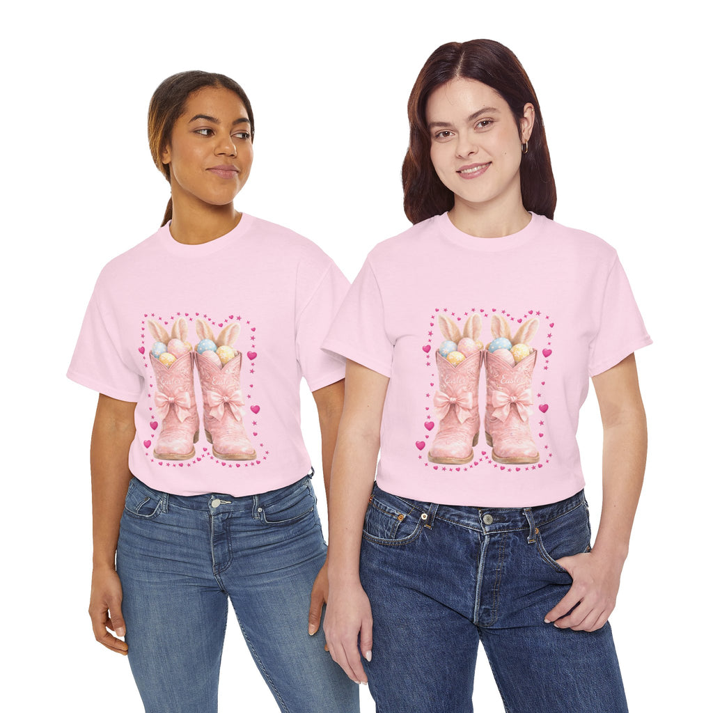 Easter Pink Western Boots Tee — Pastel Bunny Eggs & Bows Unisex Cotton Tee