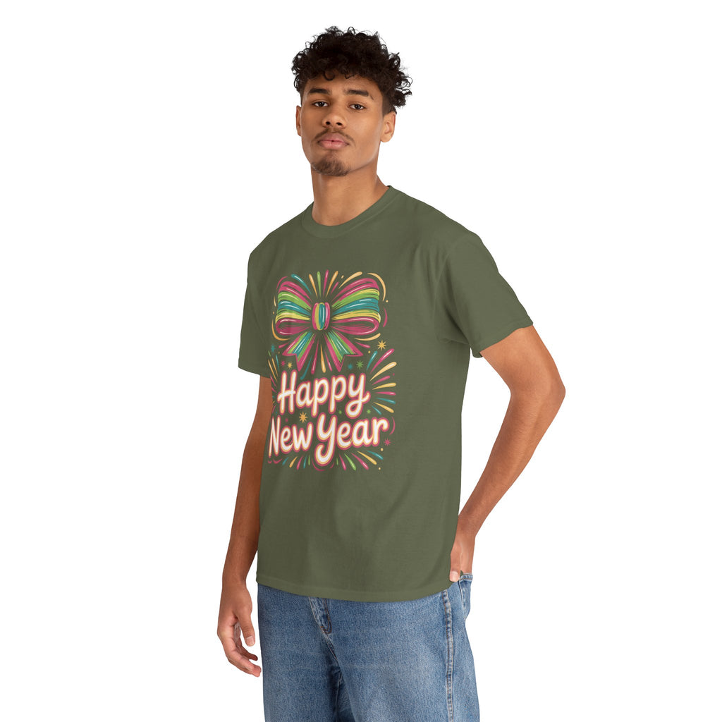 Happy New Year Pastel Tee — Rainbow Bow & Fireworks Celebration Unisex Cotton Tshirt