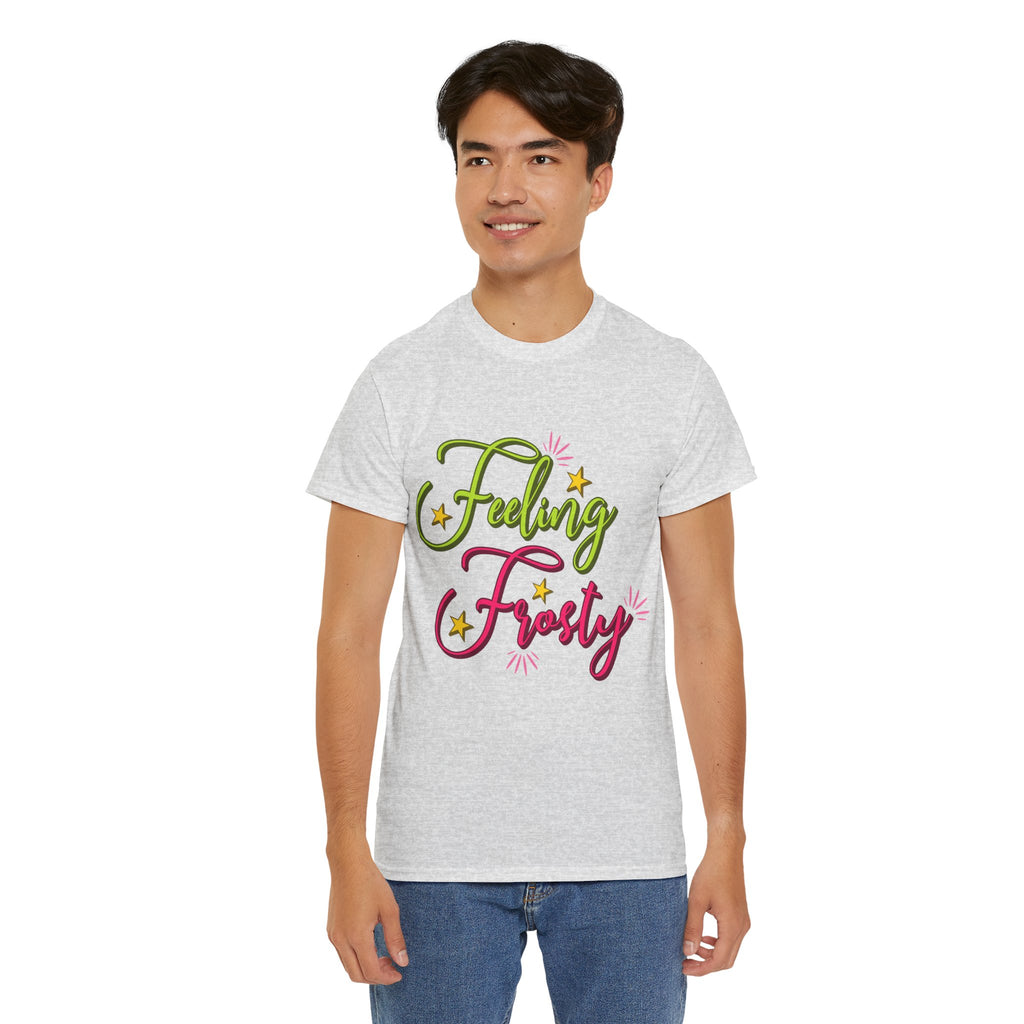 Feeling Frosty Holiday T-Shirt — Green & Pink Script Stars.Unisex Cotton Tee