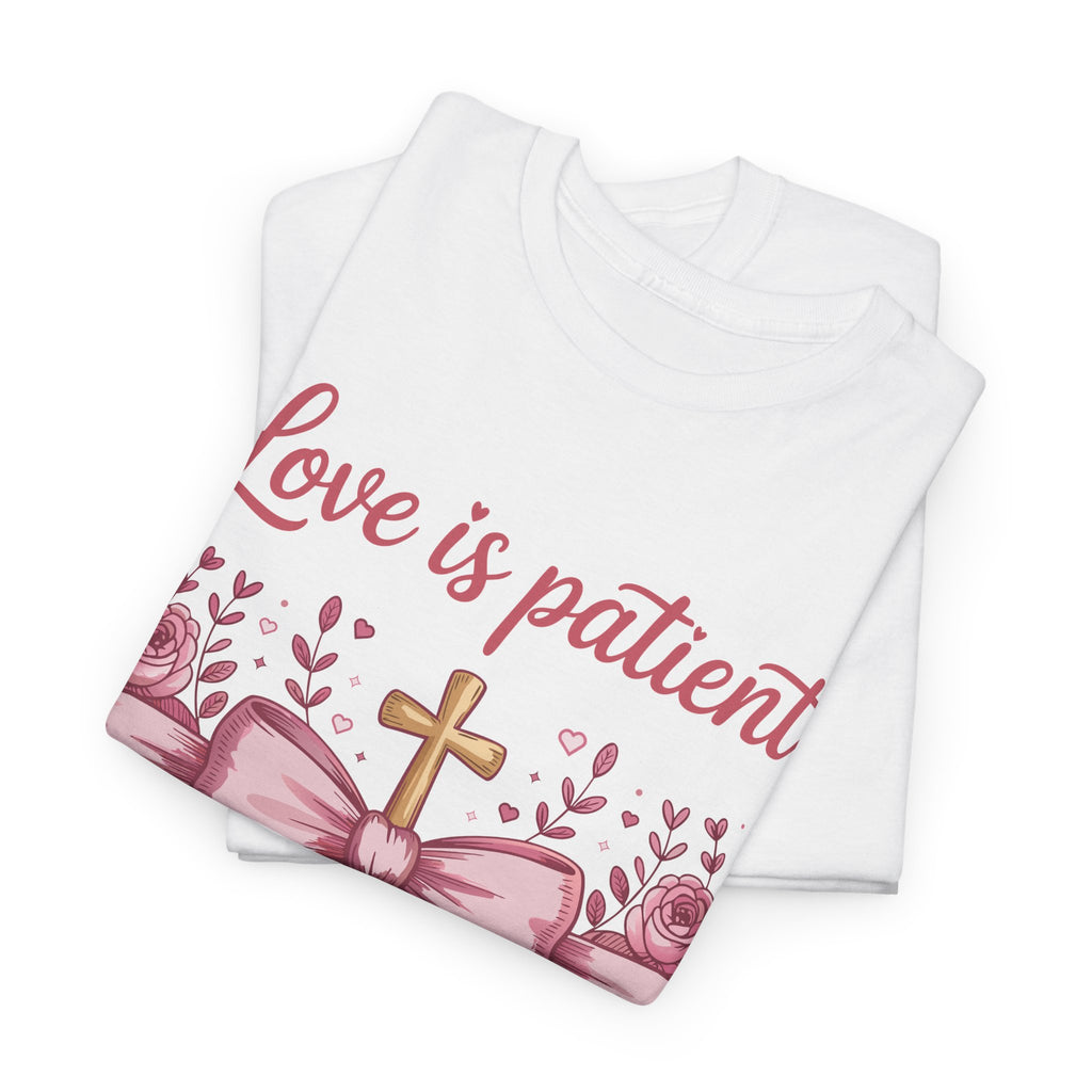 Christian Floral Tee — "Love is Patient, Love is Kind" Pink Rose Cross. Unisex Cotton Tee