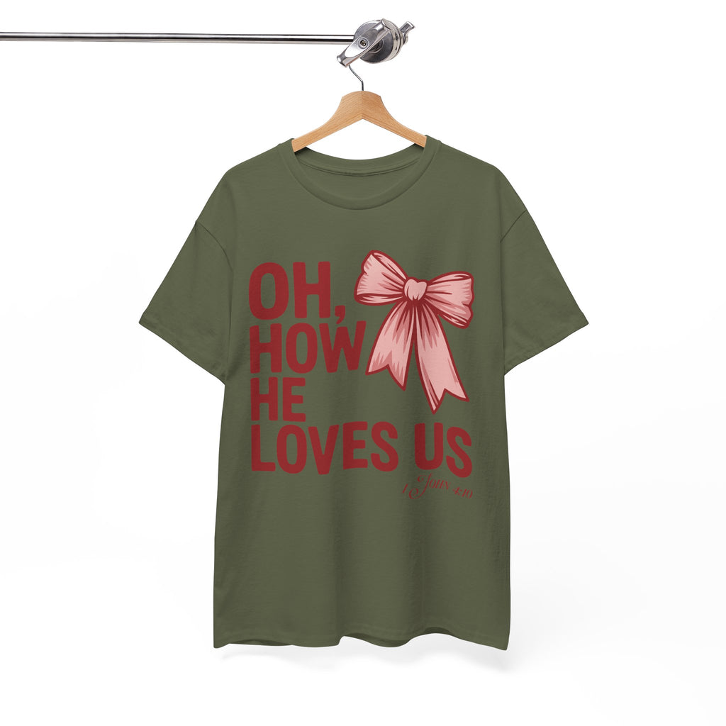 Oh, How He Loves Us Christian Valentine Tee — 1 John 4:10 Red & Pink Unisex Cotton Tee