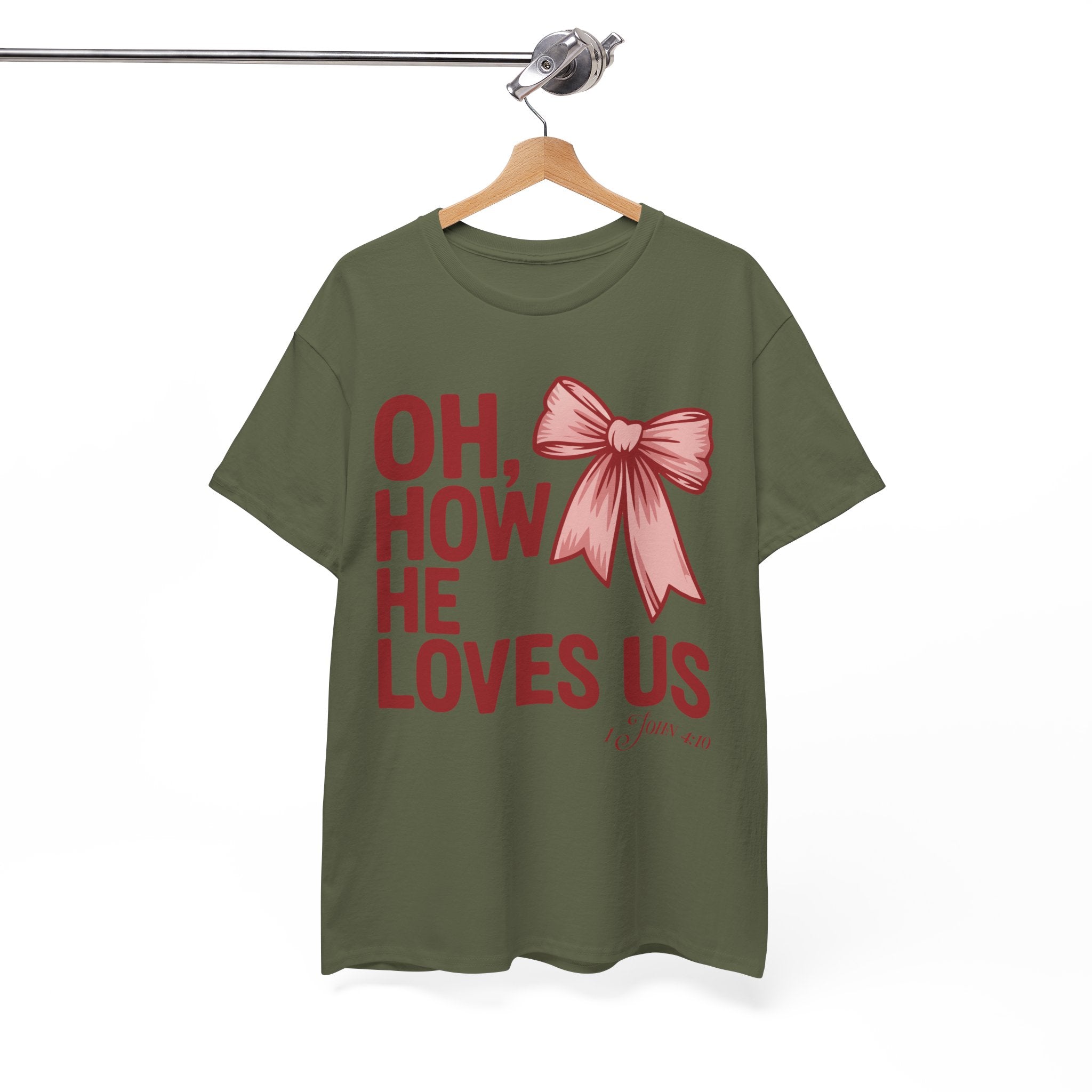 Oh, How He Loves Us Christian Valentine Tee — 1 John 4:10 Red & Pink Unisex Cotton Tee