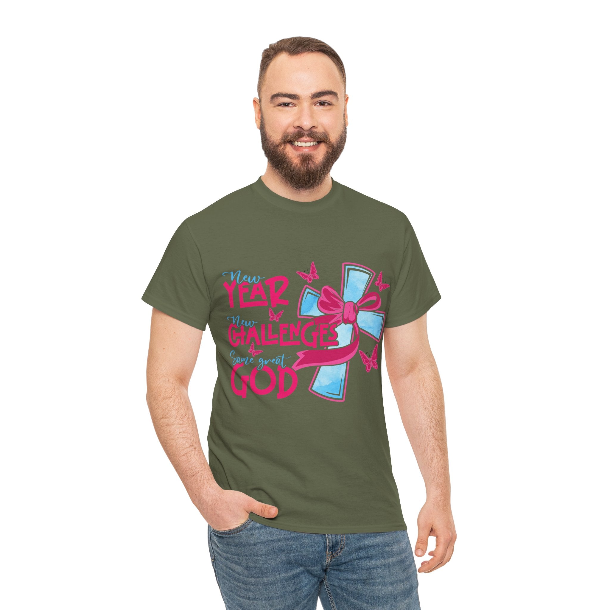Christian T-Shirt — “New Year, New Challenges, Same Great God” with Pink Bow Cross & Butterflies. Unisex Cotton Tee