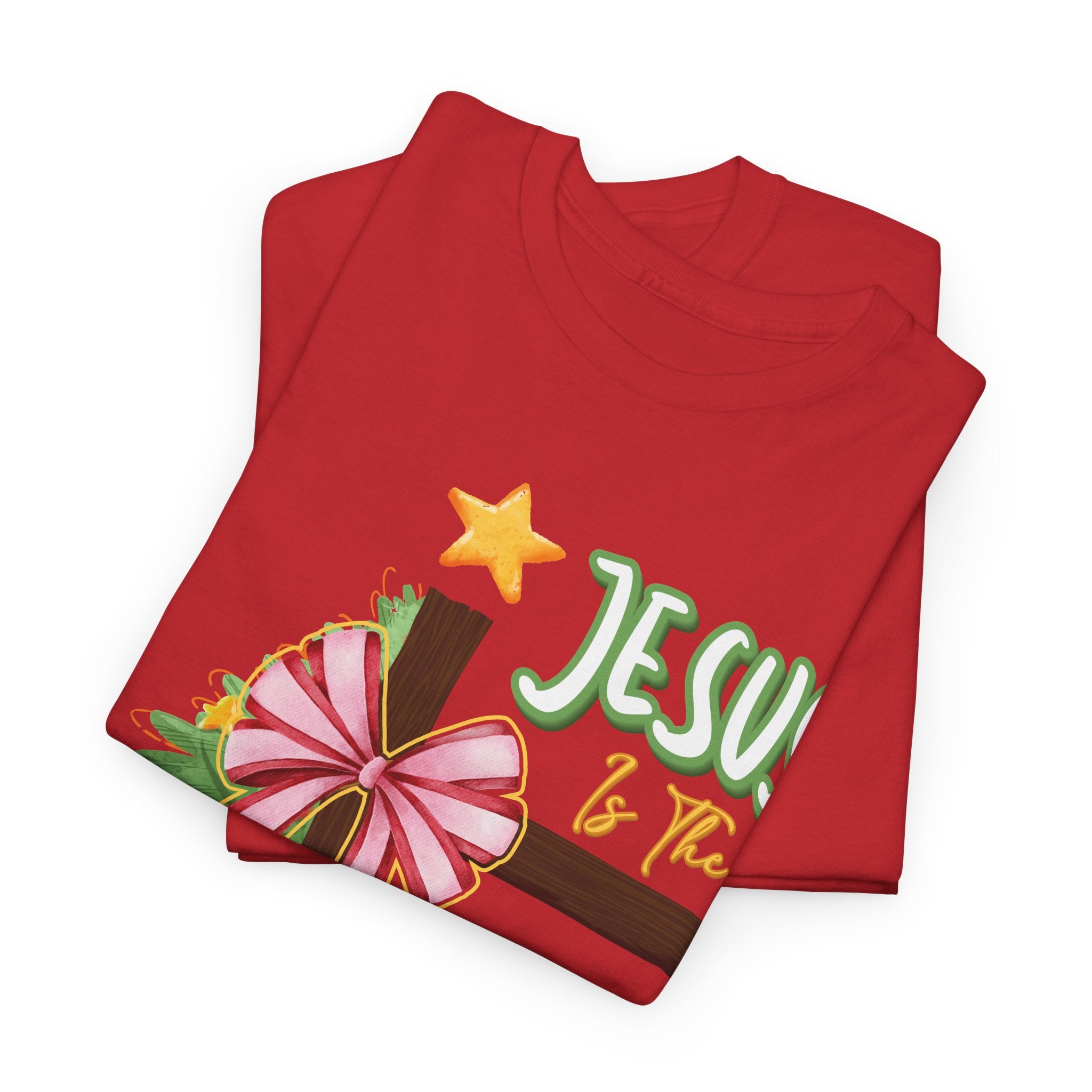 Jesus Is the Reason for the Season Christmas Tee — Cross with Pink Bow & Tree. Unisex Cotton Tee