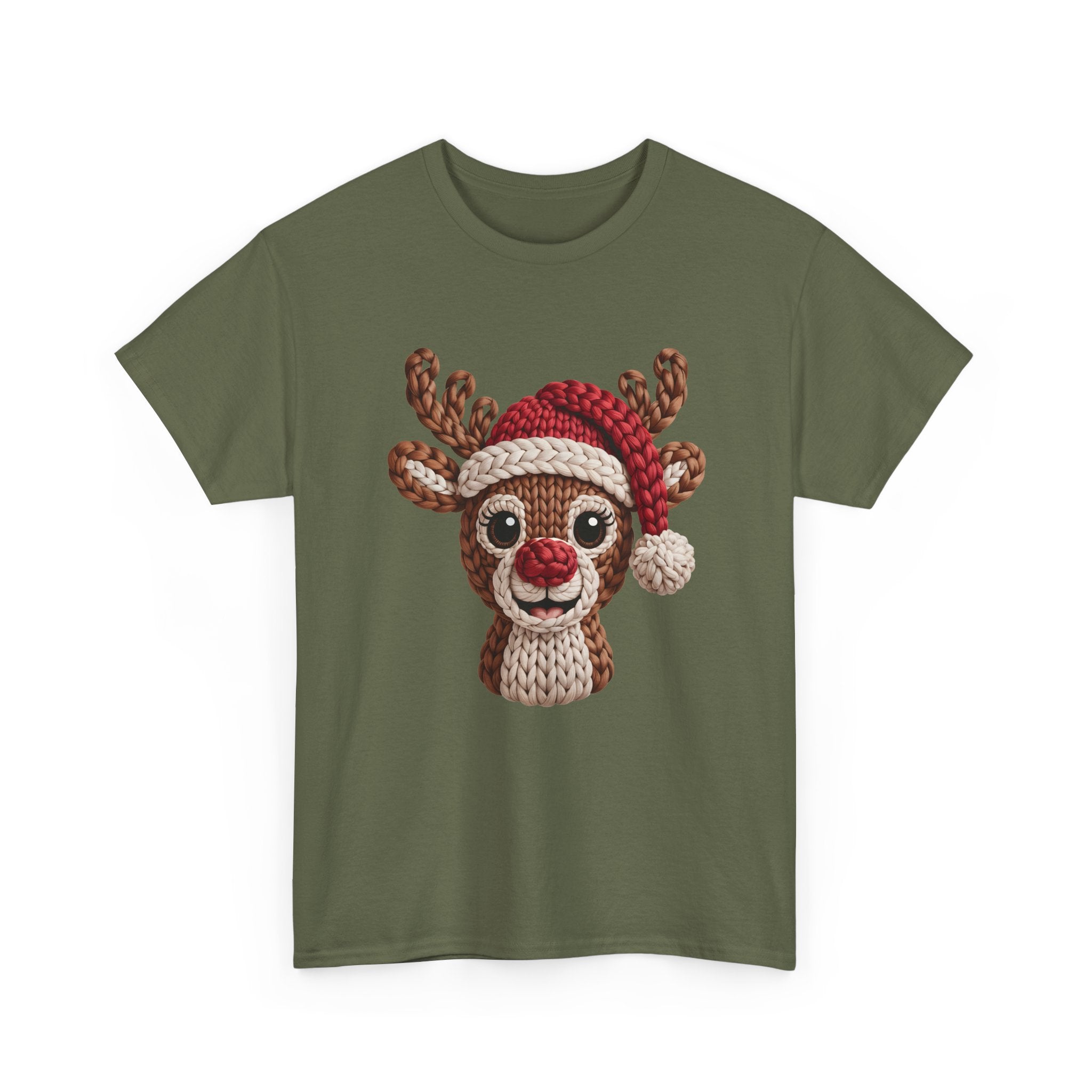 Reindeer in Santa Hat Cotton Tee — Joyful Faux-Yarn Holiday Unisex Coton T-Shirt