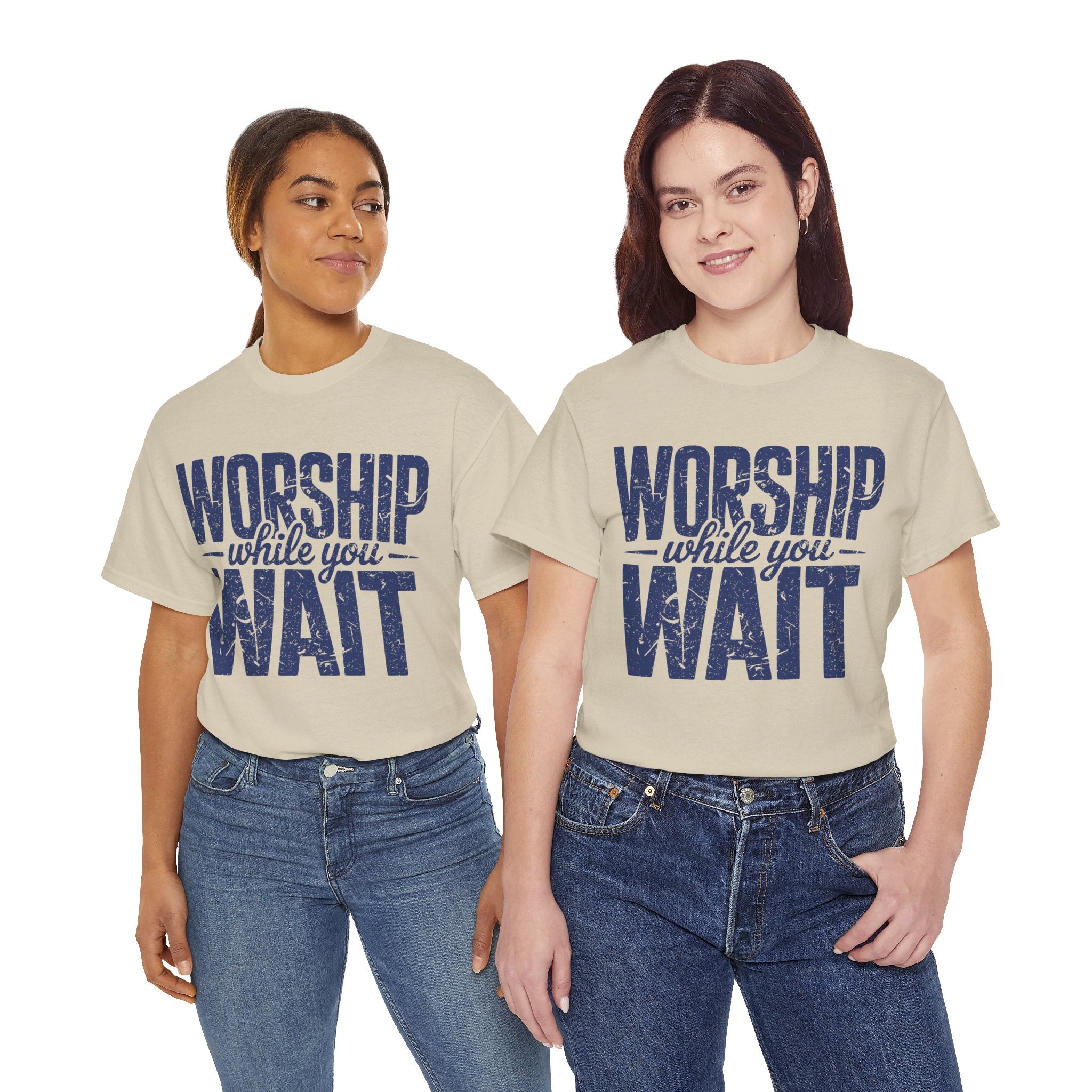 Worship While You Wait T‑Shirt — Distressed Pastel Blue Faith Unisex Cotton Tee
