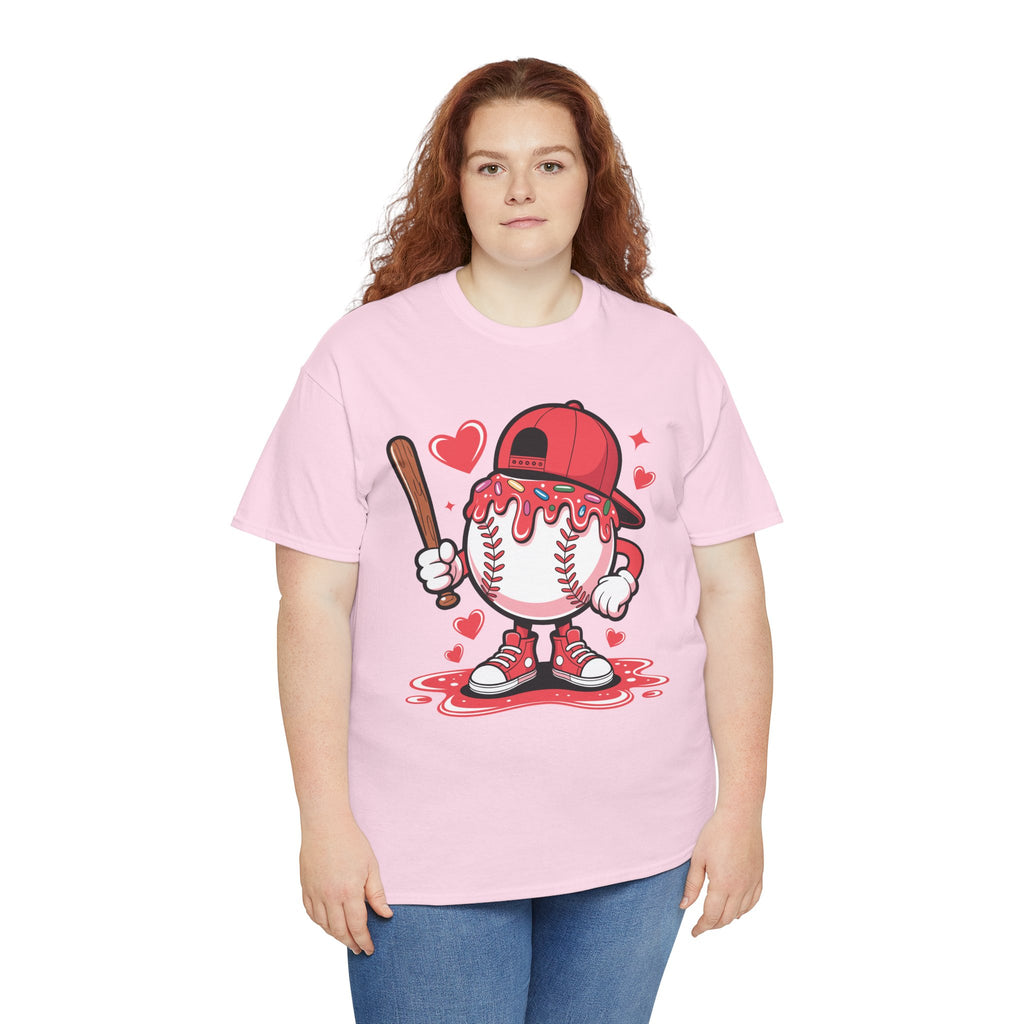 Cute Baseball Character T-Shirt — Red Cap & Icing Top Graphic with Hearts Unisex Cotton Tee