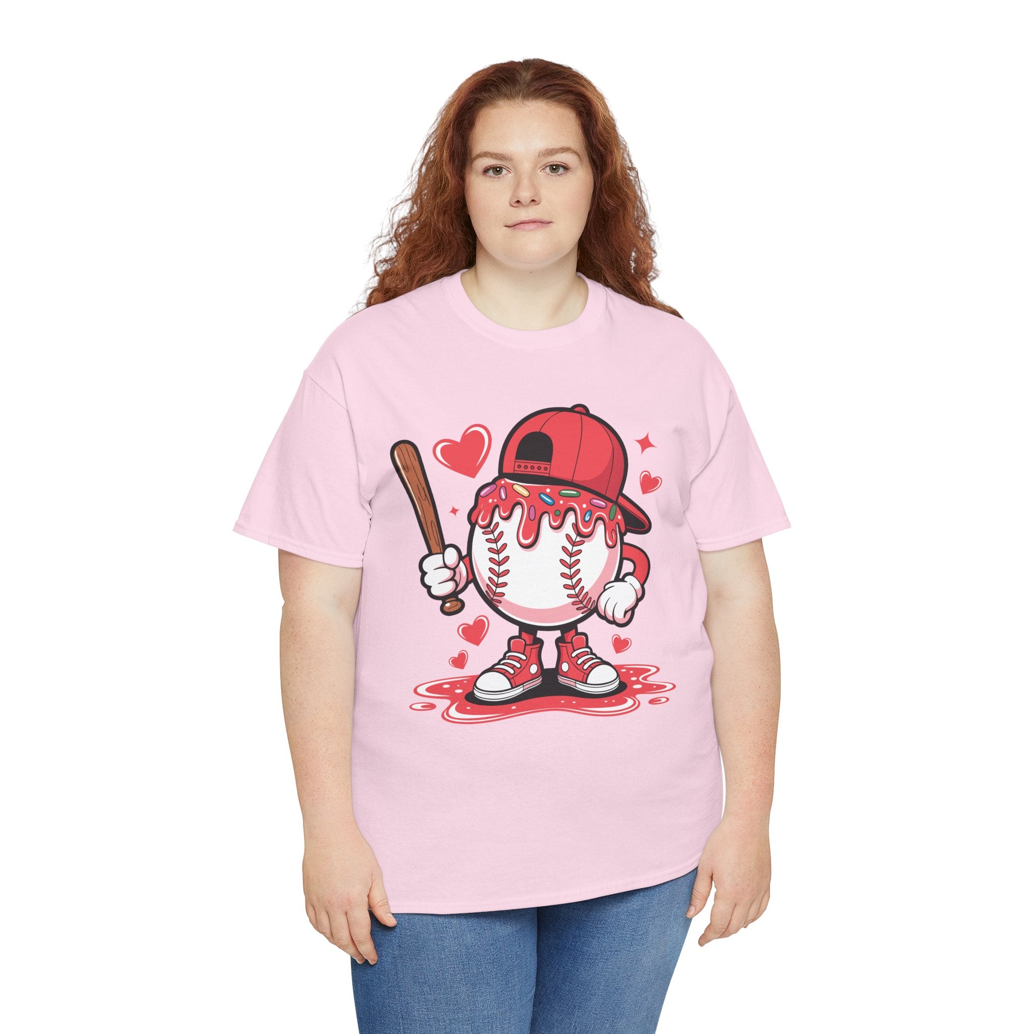 Cute Baseball Character T-Shirt — Red Cap & Icing Top Graphic with Hearts Unisex Cotton Tee