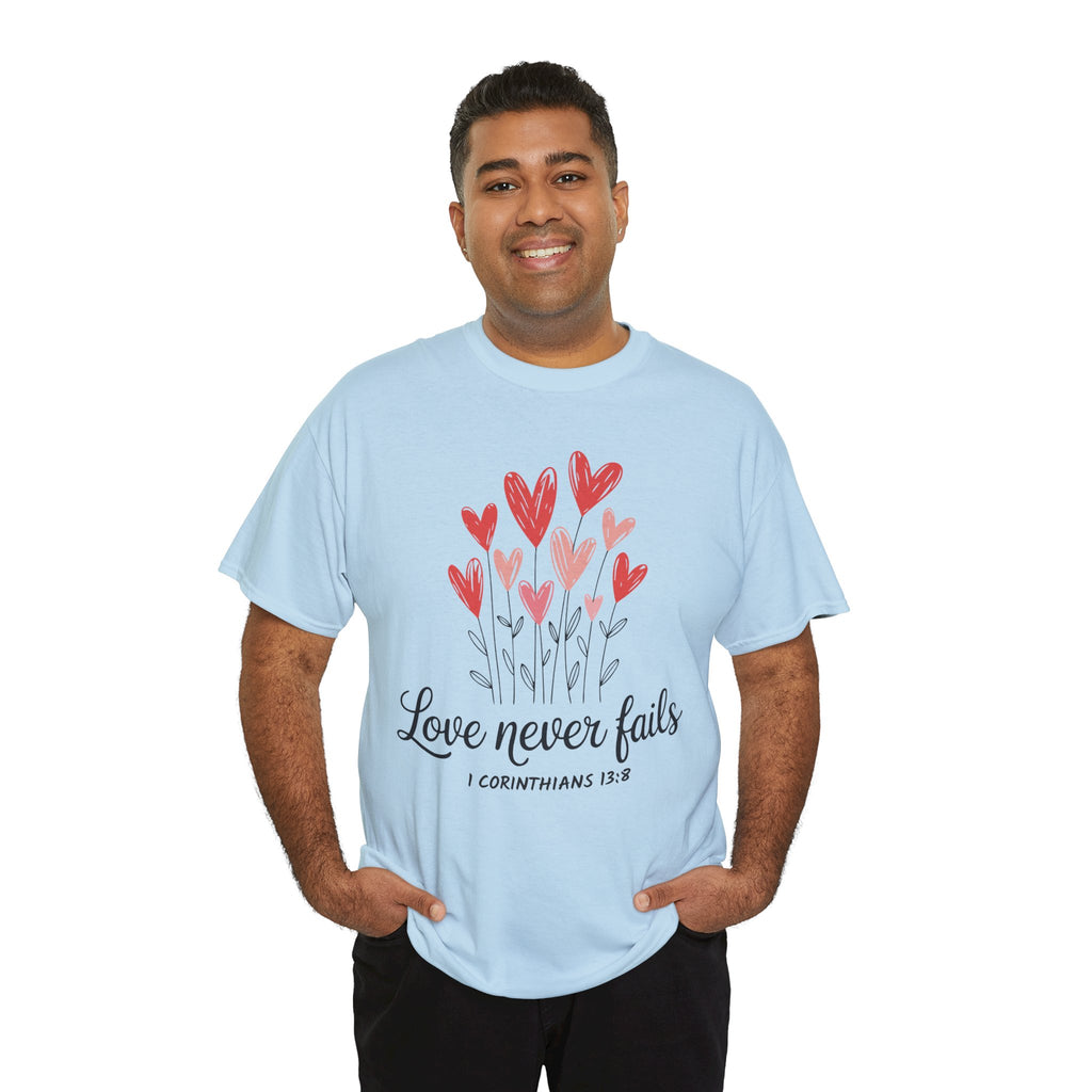 Christian Valentine T-Shirt — "Love Never Fails" (1 Corinthians 13:8) Unisex Cotton Tee