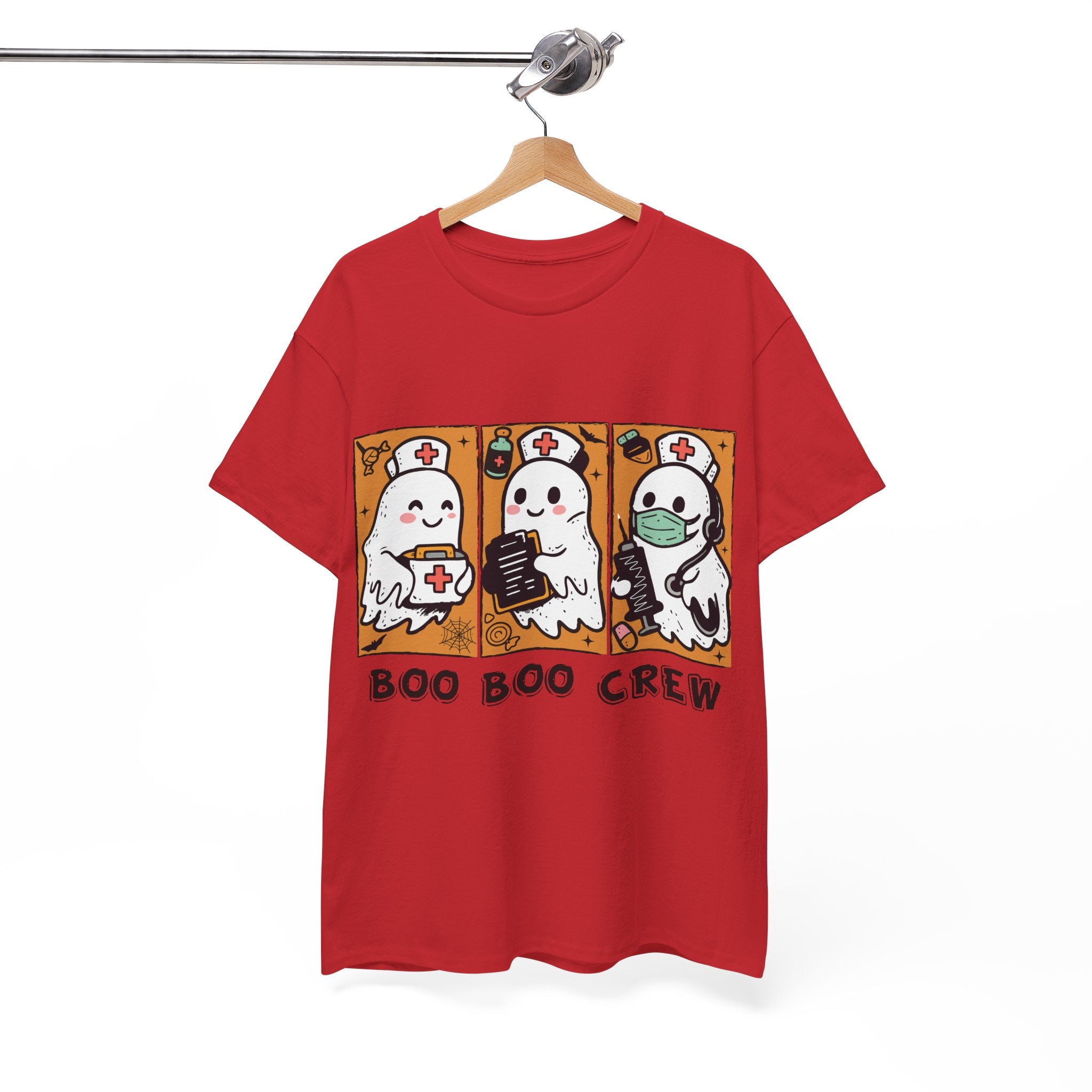 Halloween Nurse T-Shirt — Ghost Nurses Holding Medical Tools on Orange Unisec Cotton Tee