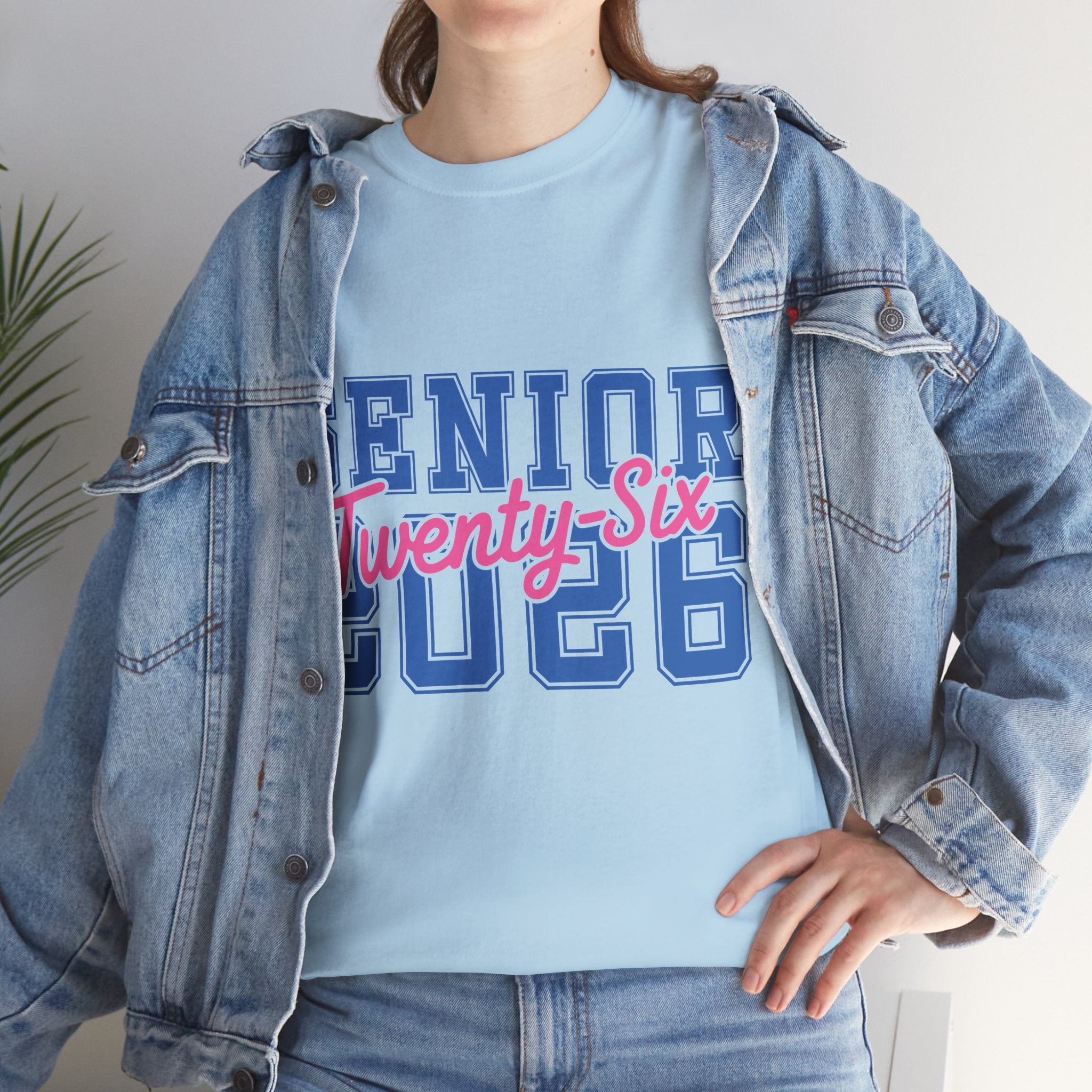 Senior 2026 Tee — Pink Varsity Block with Blue Script Overlay Unisex Cotton Tee