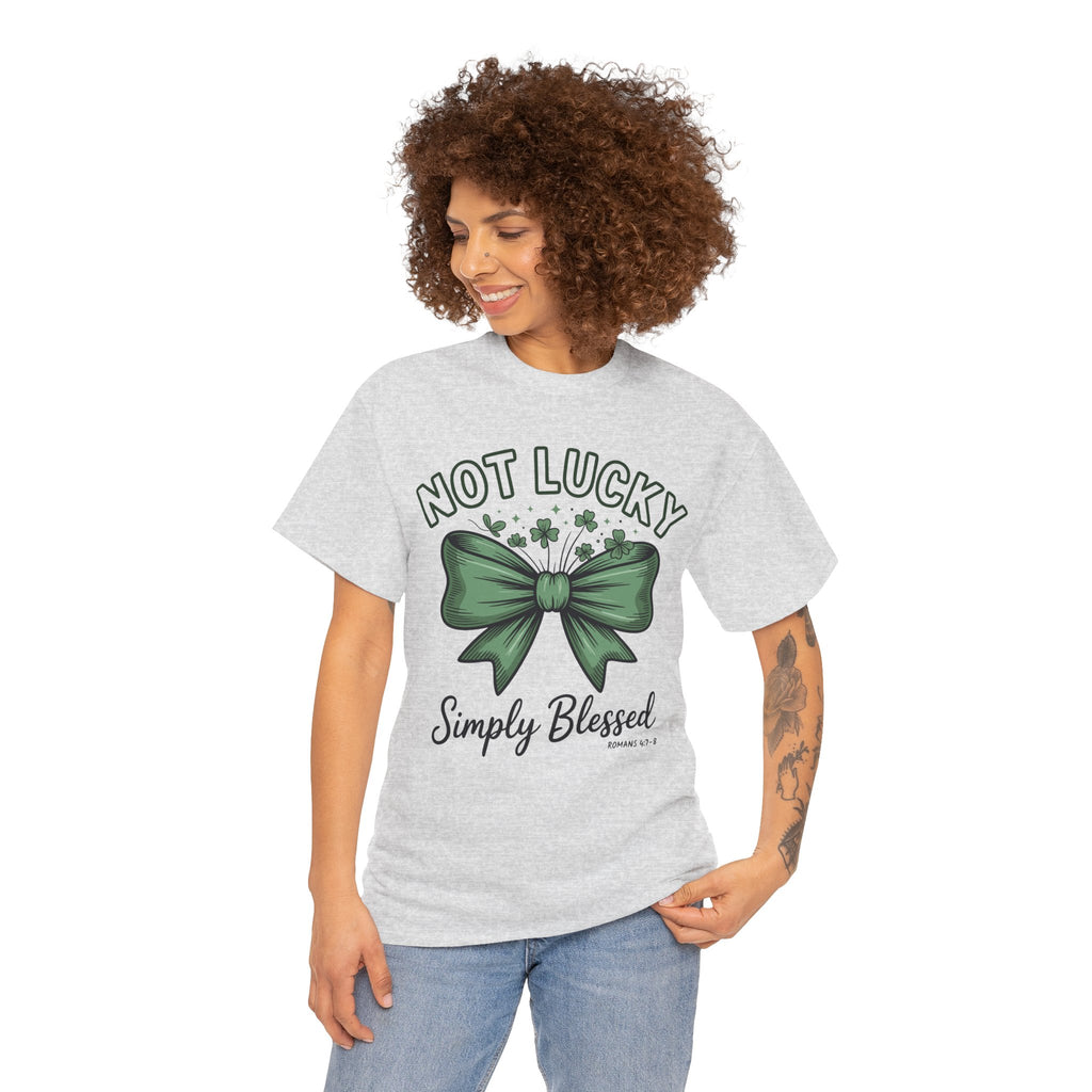 Not Lucky, Simply Blessed T-Shirt — Green Bow & Clovers St. Patrick’s Unisex Cotton Tee