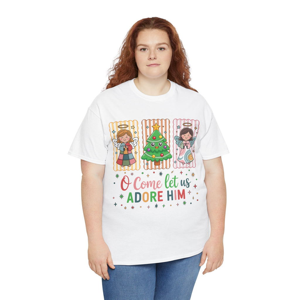O Come Let Us Adore Him Christmas Tee — Smiling Angels & Happy Tree..Unisex Cotton Tee