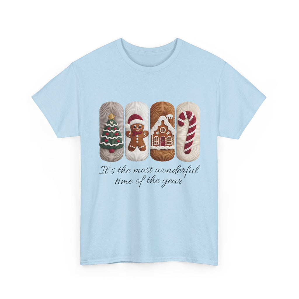 Christmas Faux-Yarn Tree Tee — Gingerbread House & Candy Cane Holiday Unisex Cotton T-Shirt