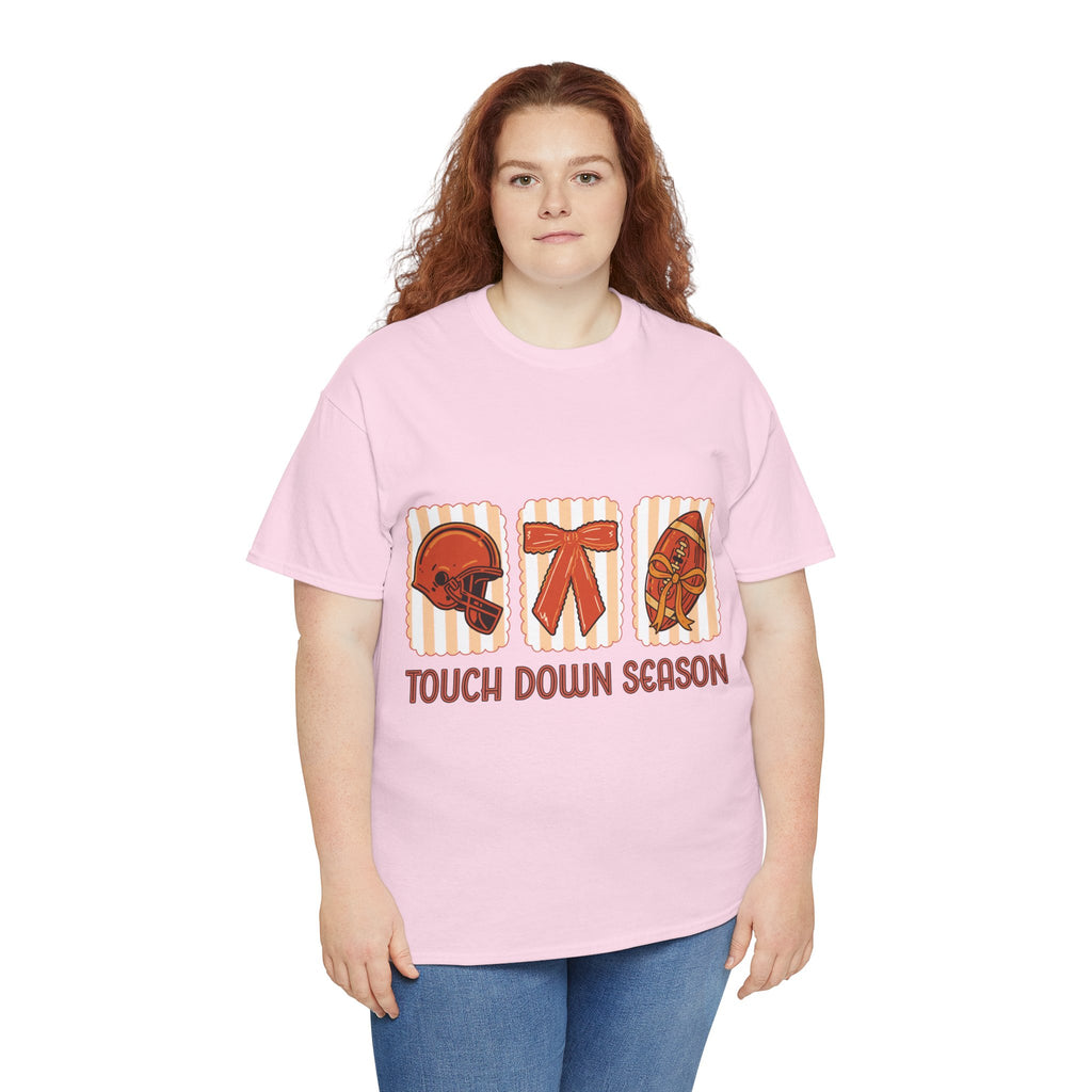 Touch Down Season Football Tee — Striped Fall Helmet & Bow Design Unisex Cotton Tee