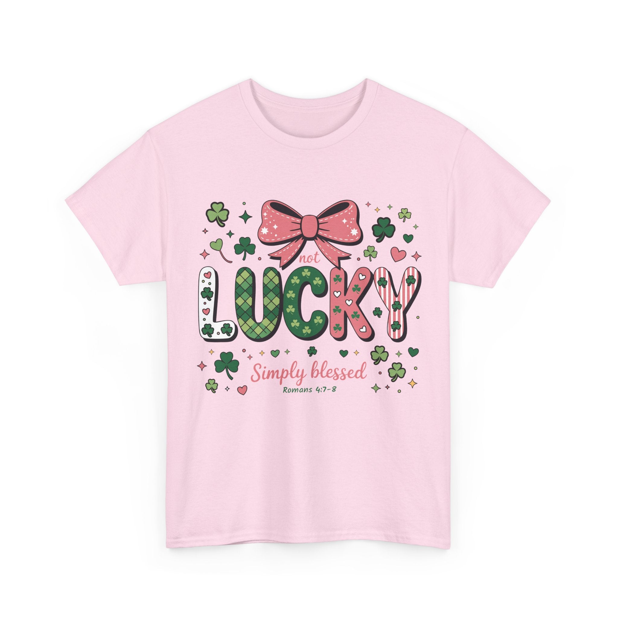 Simply Blessed Tee — “Not Lucky, Simply Blessed” with Pastel Bow, Clovers & Romans 4:7-8 Unisex Cotton Tee