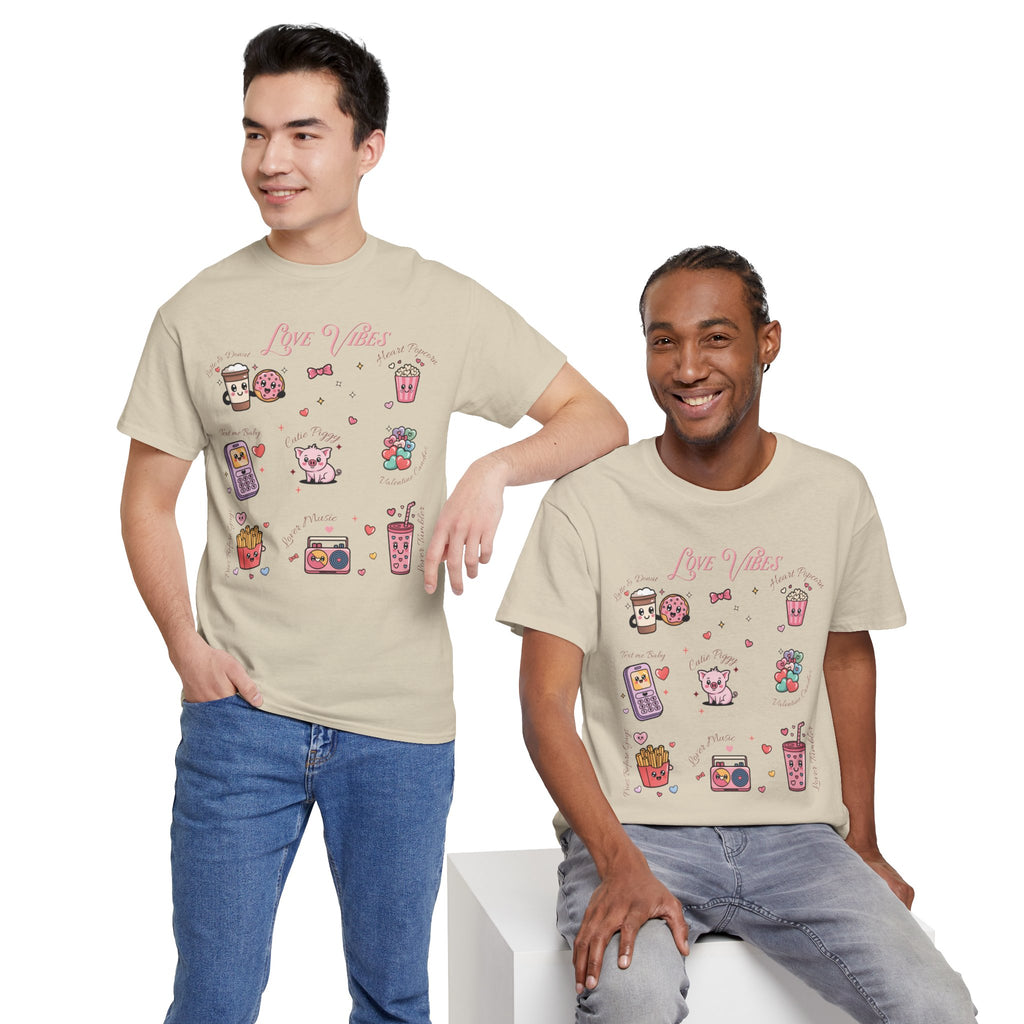 Love Vibes Kawaii Valentine T-Shirt — Cute Donut, Coffee & Piglet Design Unisex Cotton Tee