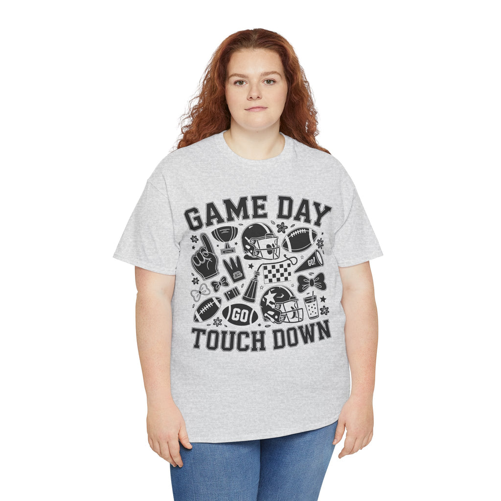 Game Day Touch Down Football T‑Shirt — Helmet & Cheer Monochrome Design Unisex Cotton Tee
