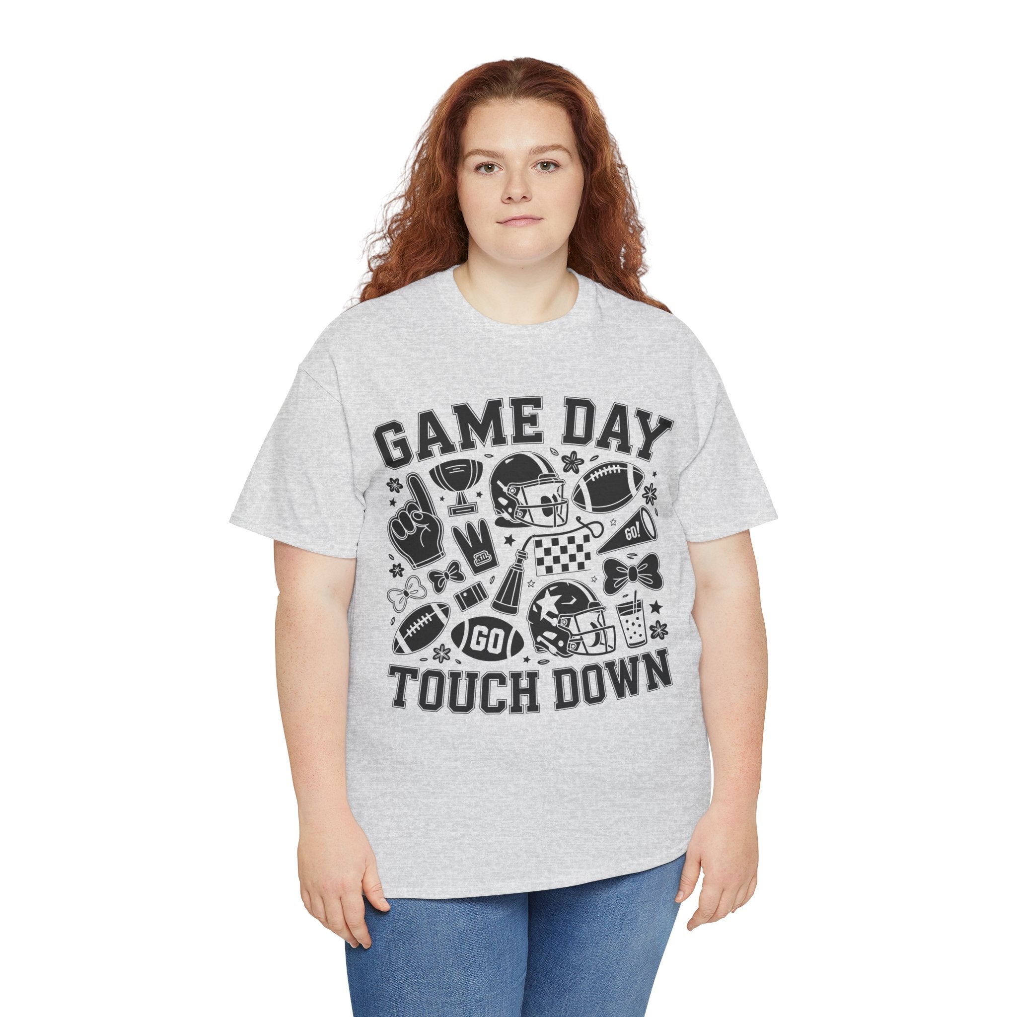 Game Day Touch Down Football T‑Shirt — Helmet & Cheer Monochrome Design Unisex Cotton Tee