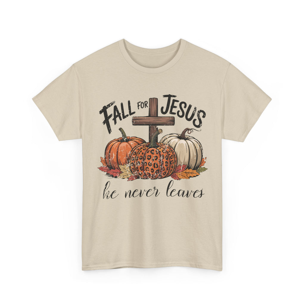 Fall for Jesus Pumpkin Cross Tee — "He Never Leaves" Autumn Christian Unisex Cotton T-Shirt