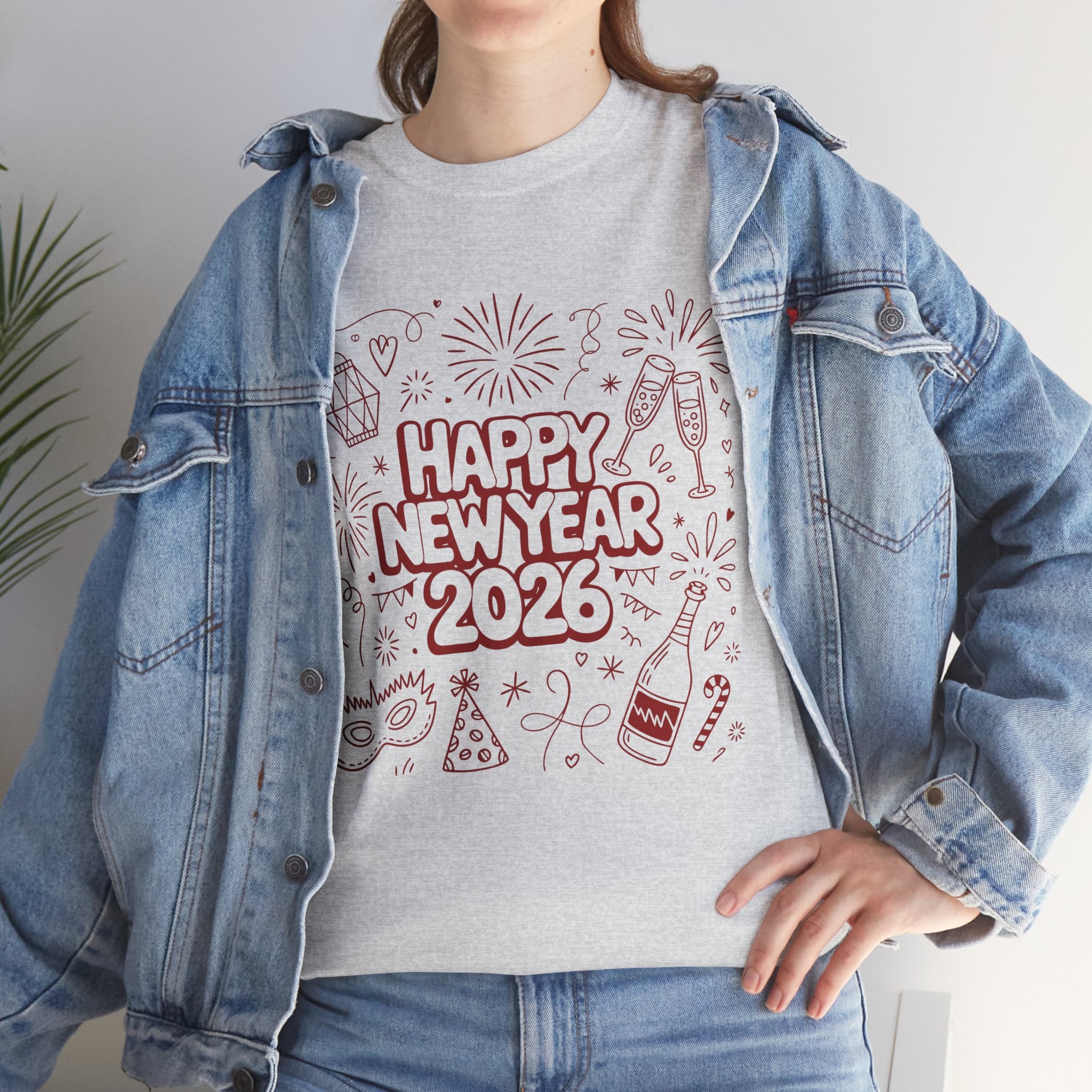 Happy New Year 2026 Doodle T-Shirt — Pink Party Icons & Champagne Unisex Cotton Tee