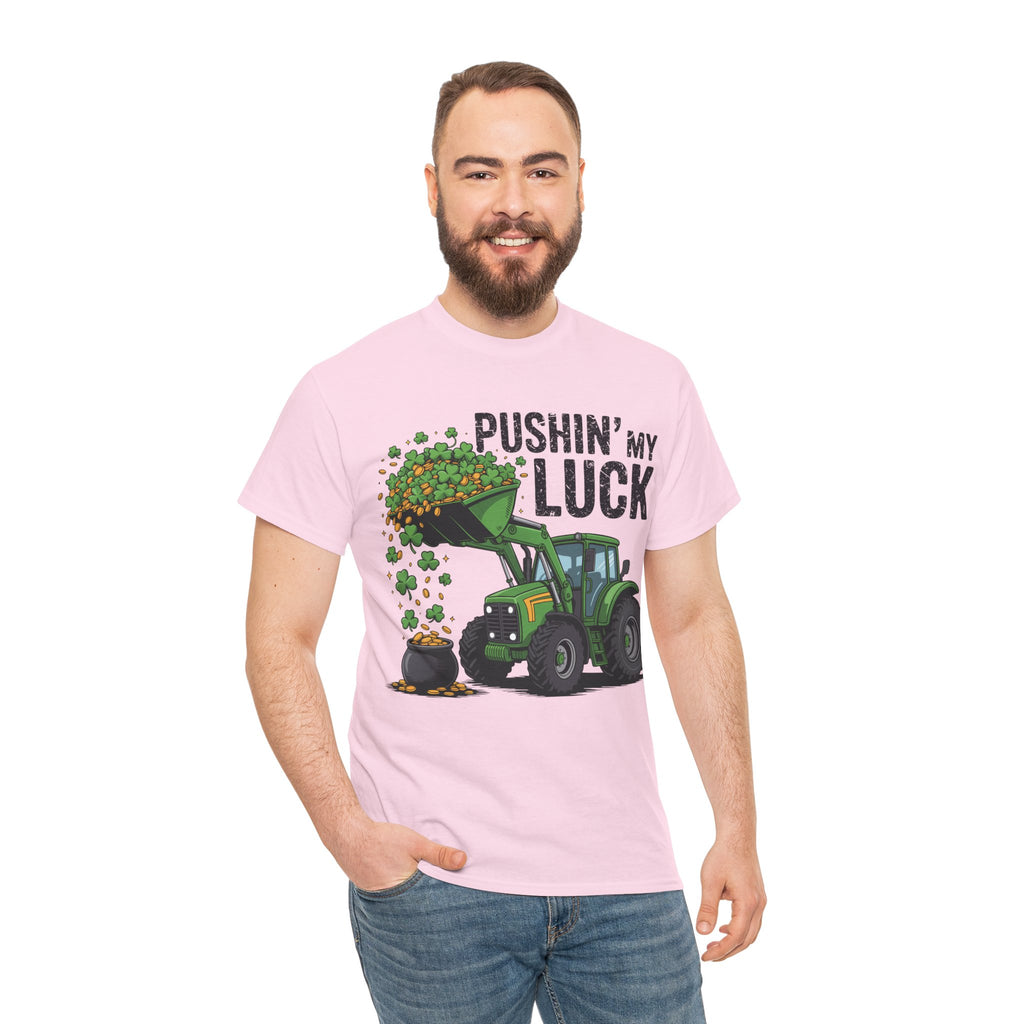 Pushin' My Luck Shamrock Tractor Tee — St. Patrick's Day Unisex Cotton T-Shirt