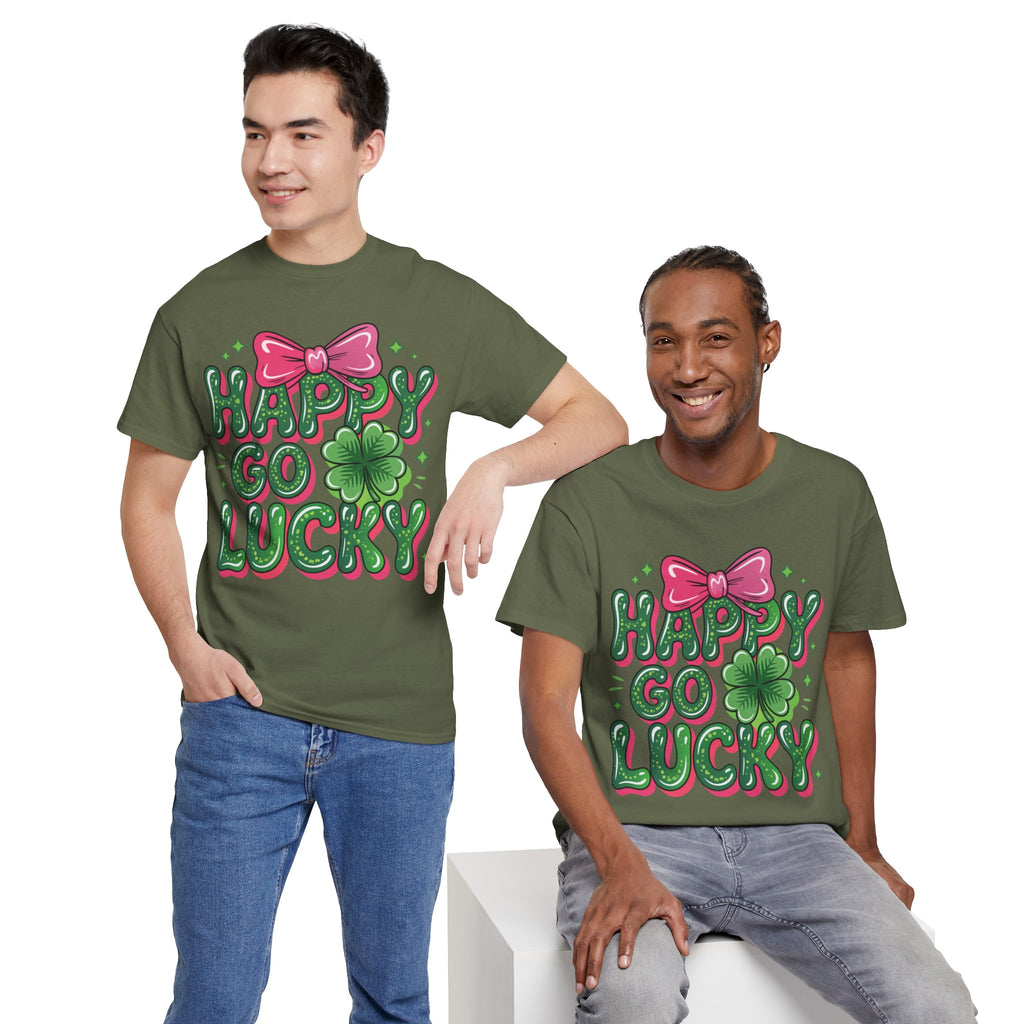 Happy Go Lucky Four-Leaf Clover Tee — Glossy Green Letters & Pink Bow Unisex Cotton Tee