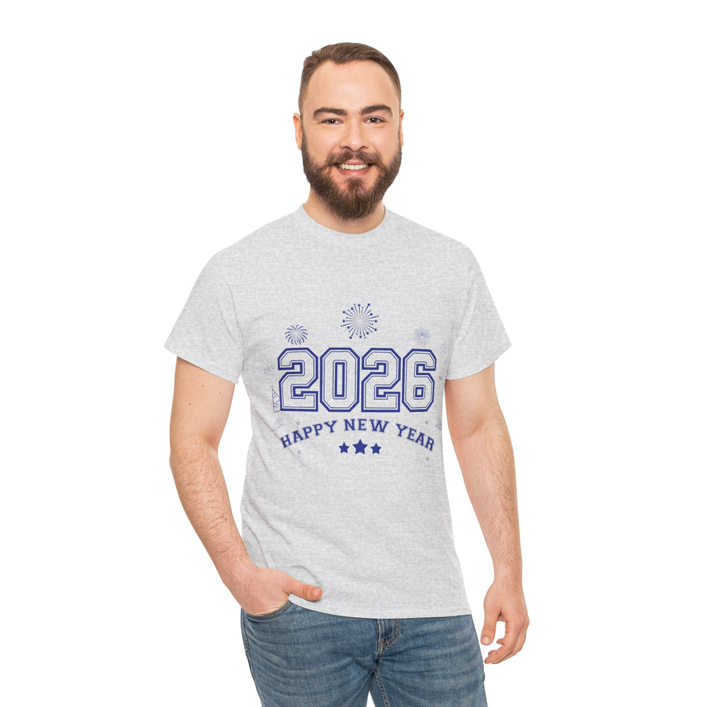 Happy New Year 2026 Varsity Tee — Fireworks & Confetti Celebration Unisex Cotton Tee
