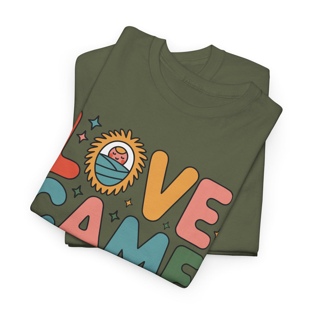 Love Came Down Christmas Tee — Baby Jesus Manger Angel (Luke 2:11)..Unisex Cotton Tee