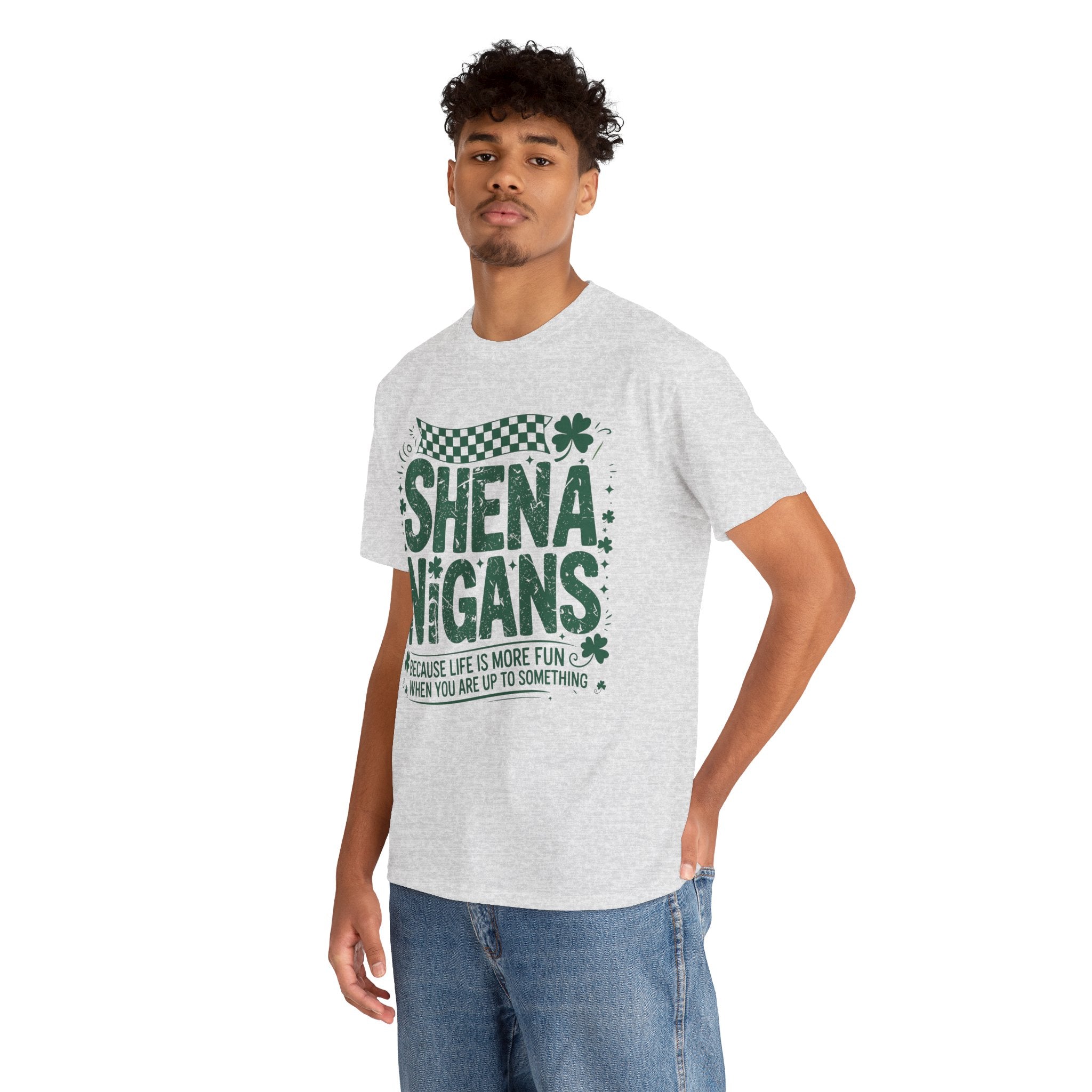 Shenanigans Clover Tee — Bright Green St. Patrick’s Day Shirt with Checkered Flag Unisex Cotton Tee