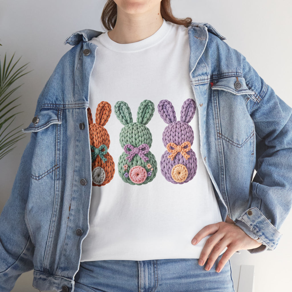 Pastel Crochet Bunny Tee — Trio of Faux Knit Bunnies with Bows & Flowers Unisex Cotton Tee