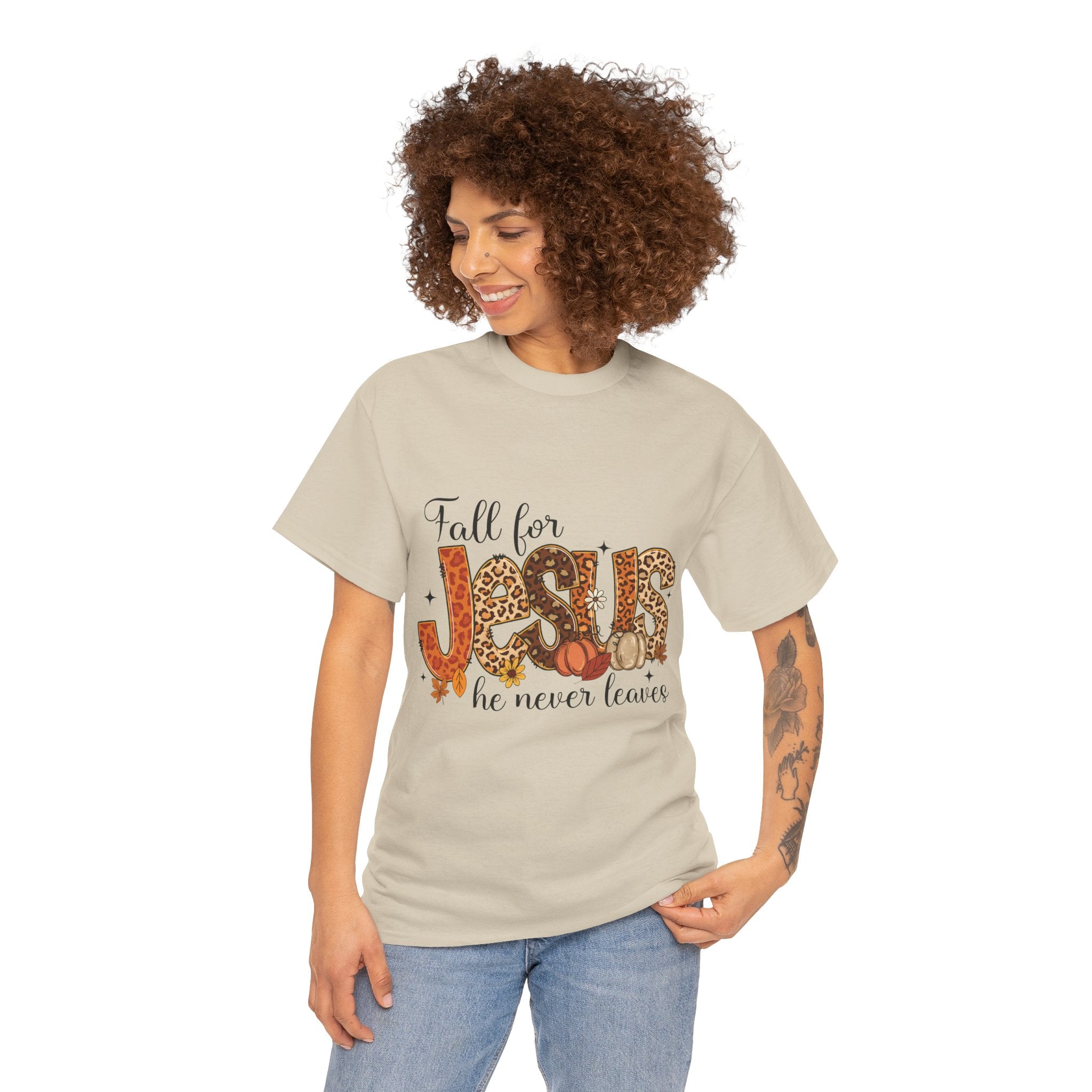 JESUS Leopard Print Fall T-Shirt — Pumpkins, Leaves & Floral Christian Unisex Cotton Tee