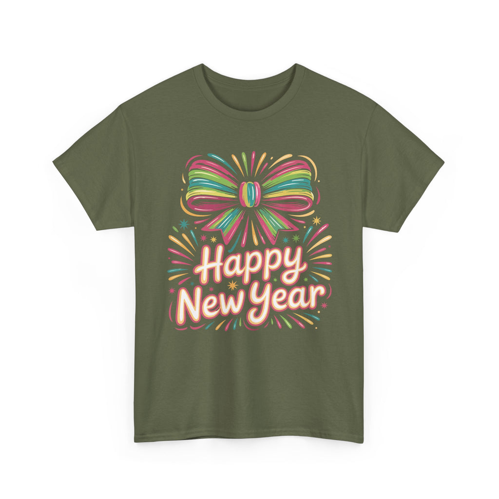 Happy New Year Pastel Tee — Rainbow Bow & Fireworks Celebration Unisex Cotton Tshirt