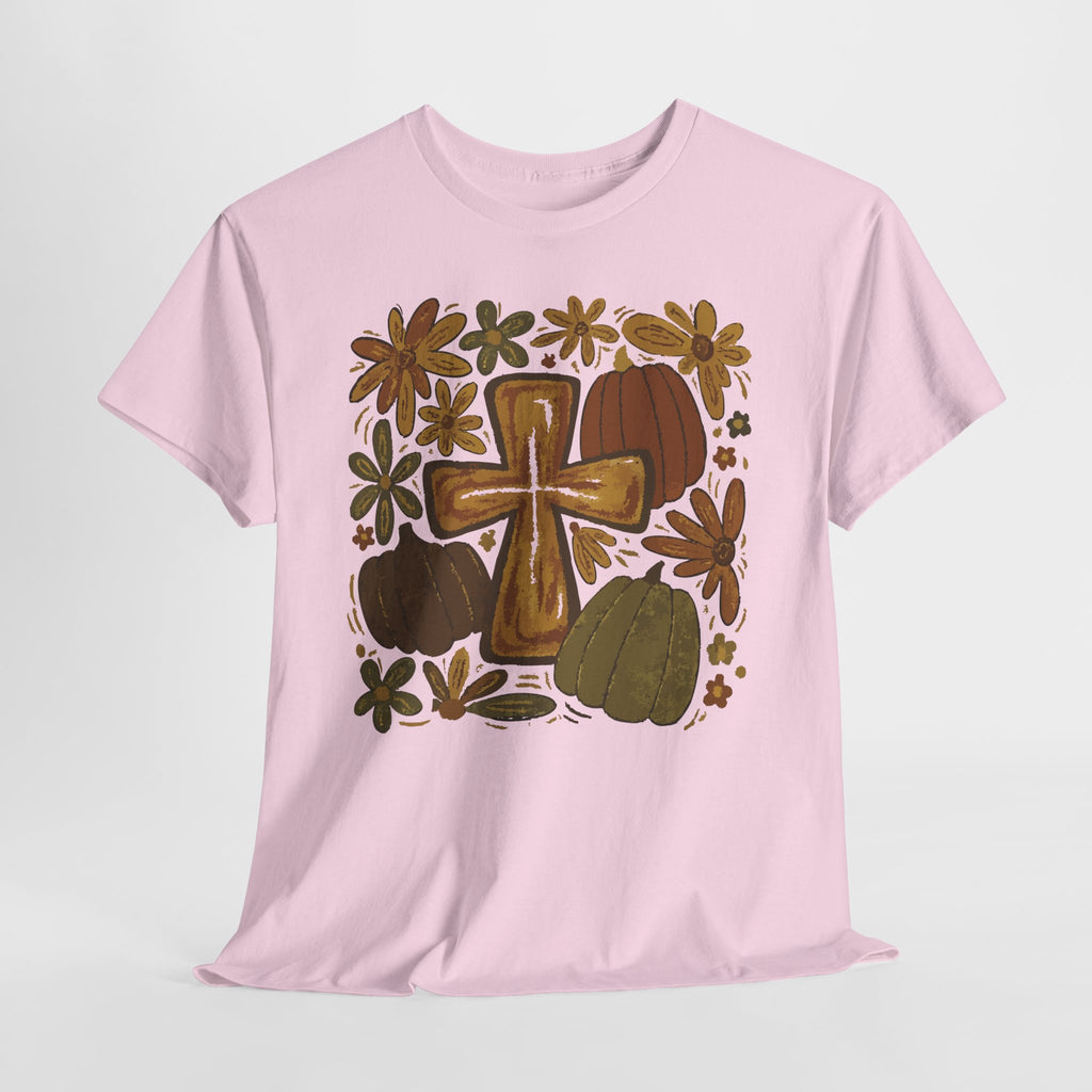 Autumn Cross Tee — Rustic Pumpkin & Fall Floral Christian Unisaex Cotton T-Shirt