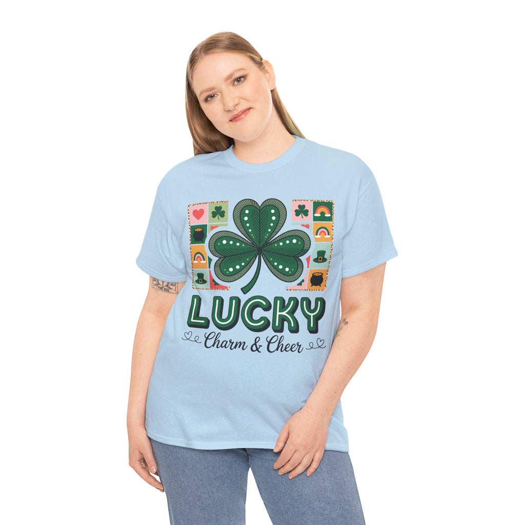 Lucky Charm & Cheer Clover Tee — Patchwork St. Patrick’s Day Unisex Cotton T-Shirt