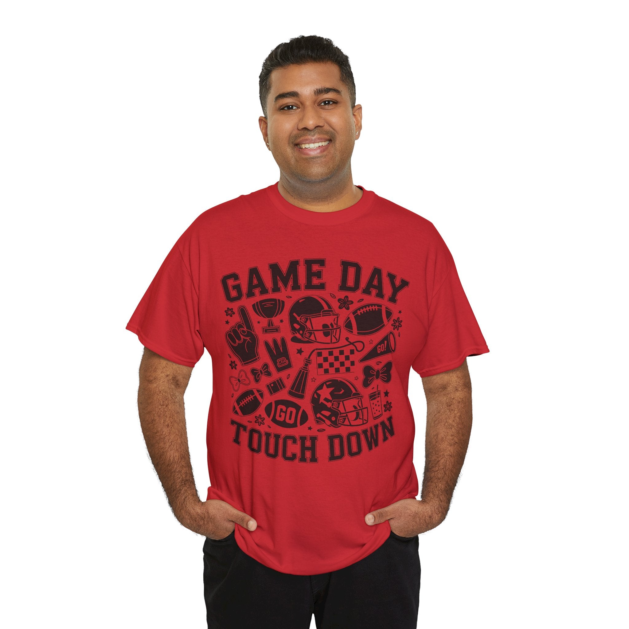 Game Day Touch Down Football T‑Shirt — Helmet & Cheer Monochrome Design Unisex Cotton Tee