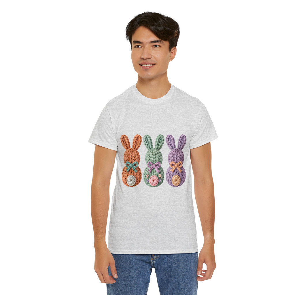 Pastel Crochet Bunny Tee — Trio of Faux Knit Bunnies with Bows & Flowers Unisex Cotton Tee