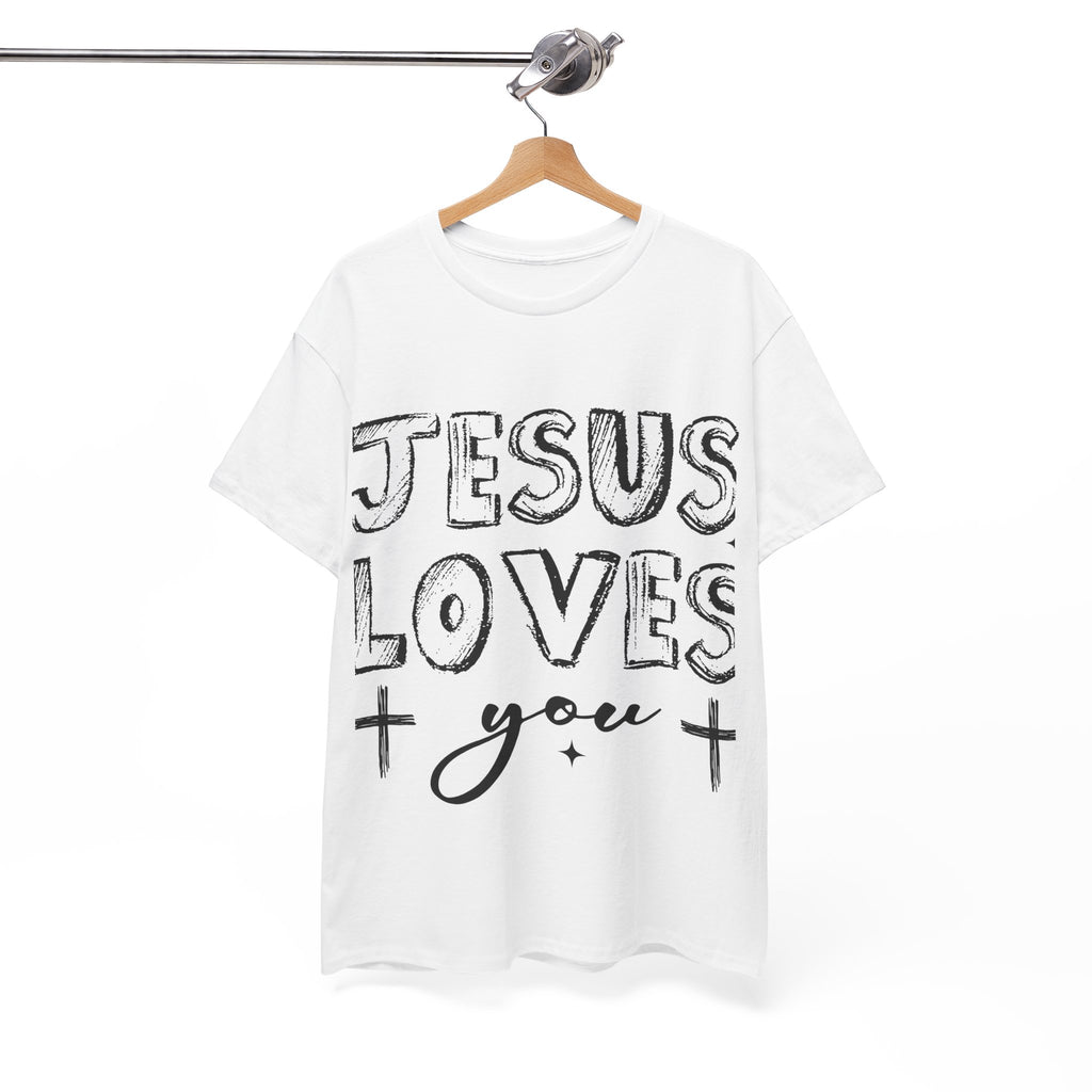 Jesus Loves You Chalk-Style Tee — Crosses & Stars Christian UNisex Cotton T-Shirt