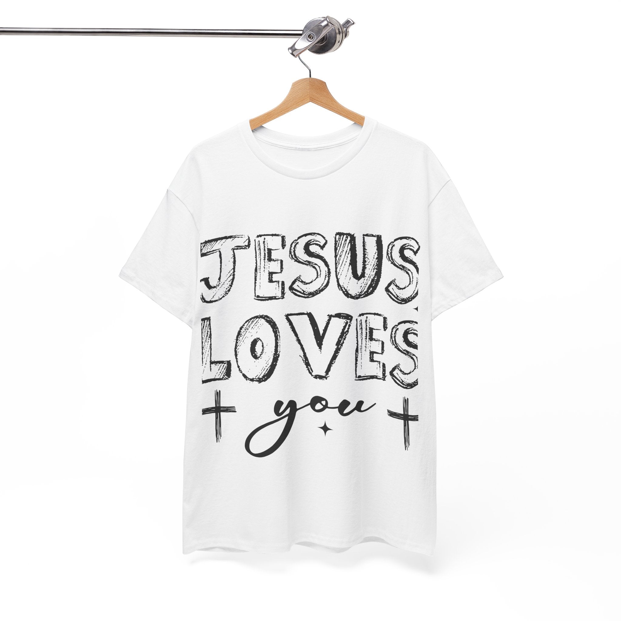 Jesus Loves You Chalk-Style Tee — Crosses & Stars Christian UNisex Cotton T-Shirt