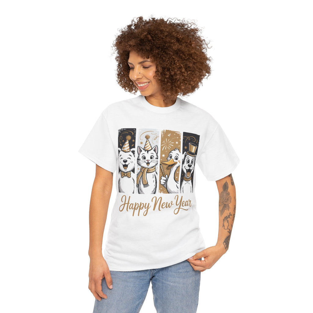 Happy New Year Party Animals T-Shirt — Cute Smiling Animals in Party Hats & Gold Fireworks..Unisex Cotton Tee