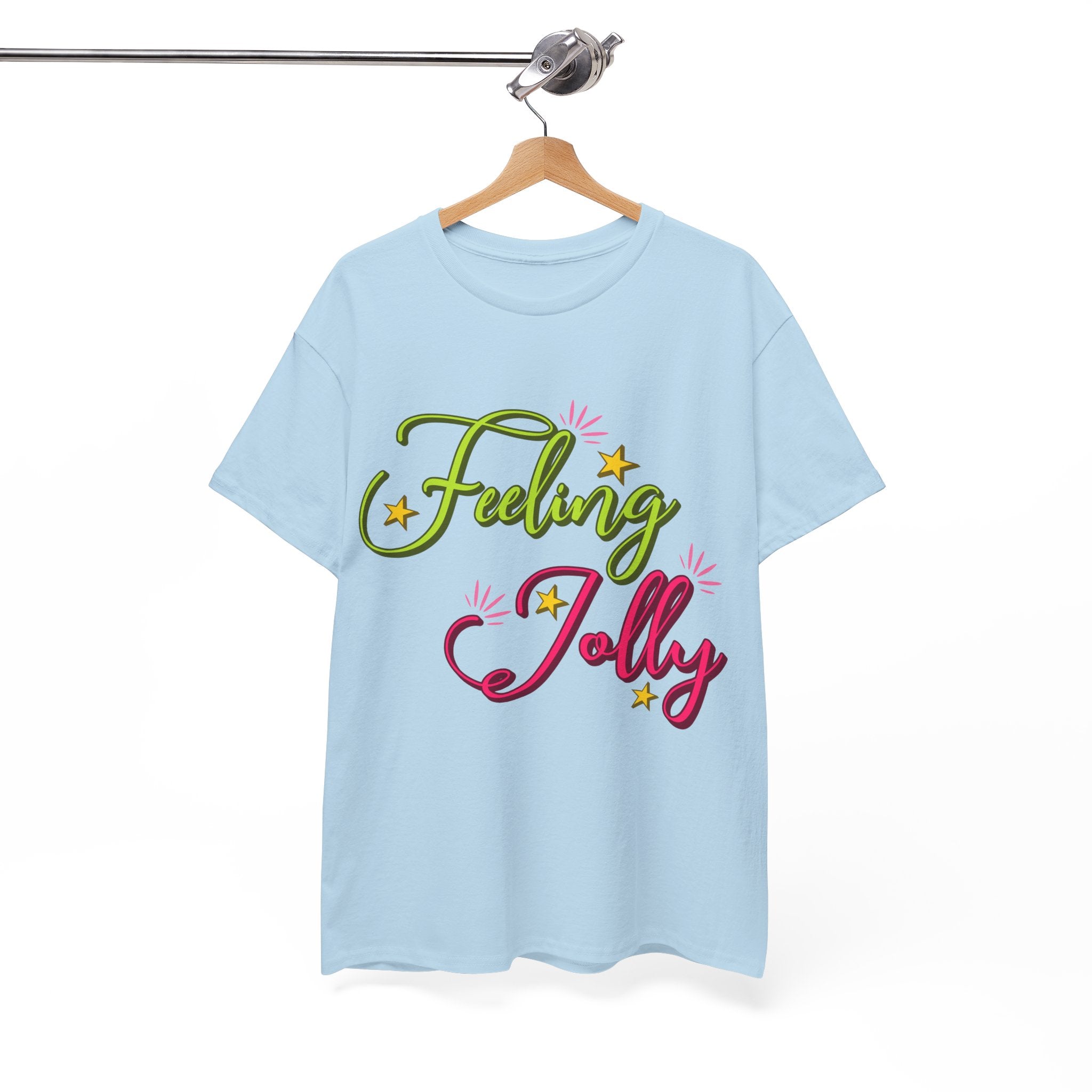 Feeling Jolly Tee — Festive Green & Pink Script with Yellow Stars Unisex Cotton Tee