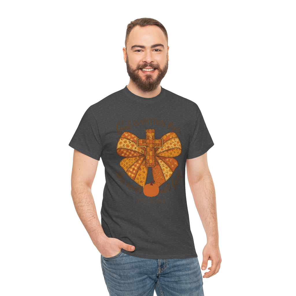 Psalm 46:5 Cross Patchwork Tee — Fall Bow Christian Unisex Cotton T-Shirt