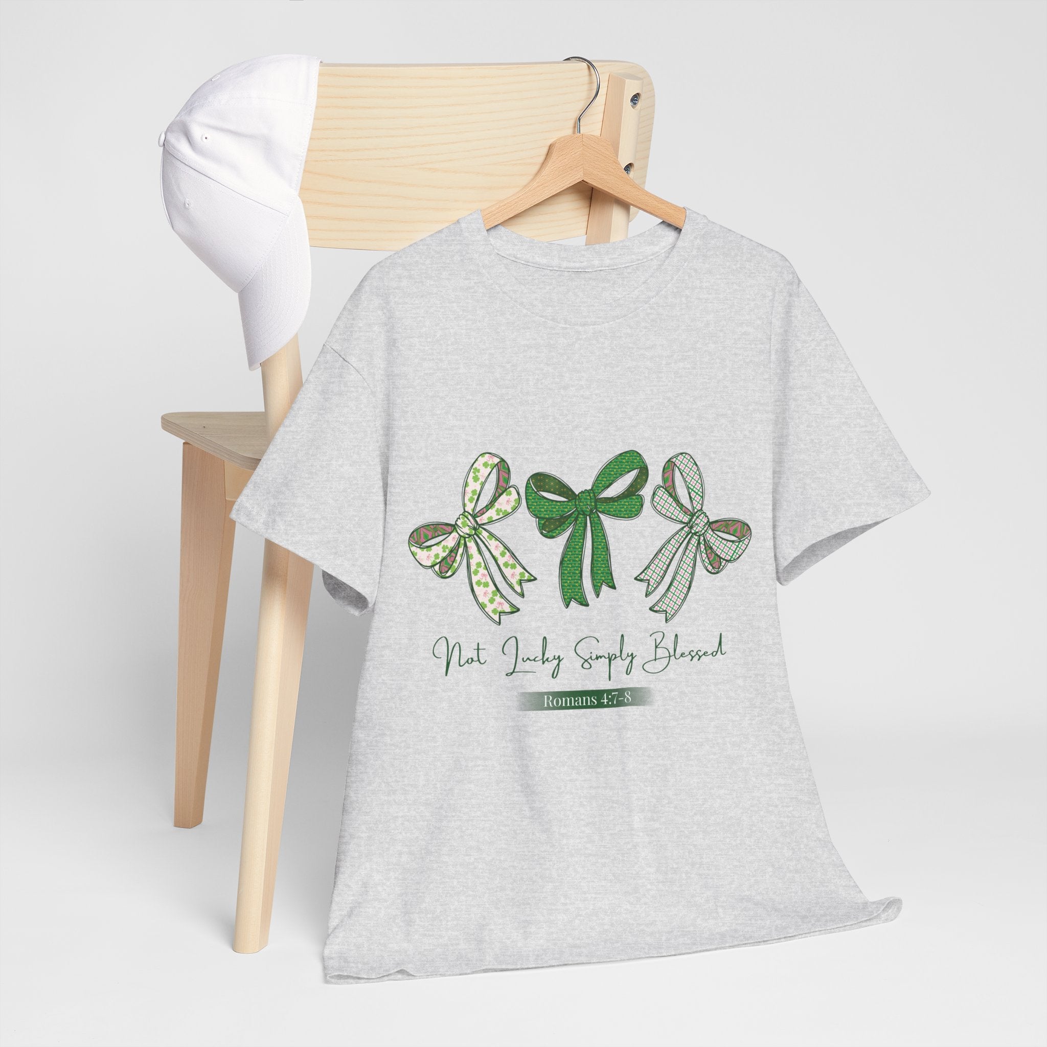 Not Lucky Simply Blessed Tee — Romans 4:7-8 Green Bow Christian Unisex Cotton T-Shirt