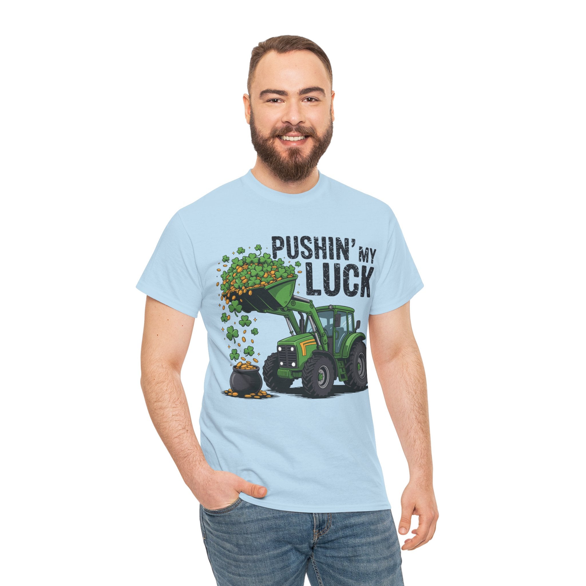 Pushin' My Luck Shamrock Tractor Tee — St. Patrick's Day Unisex Cotton T-Shirt