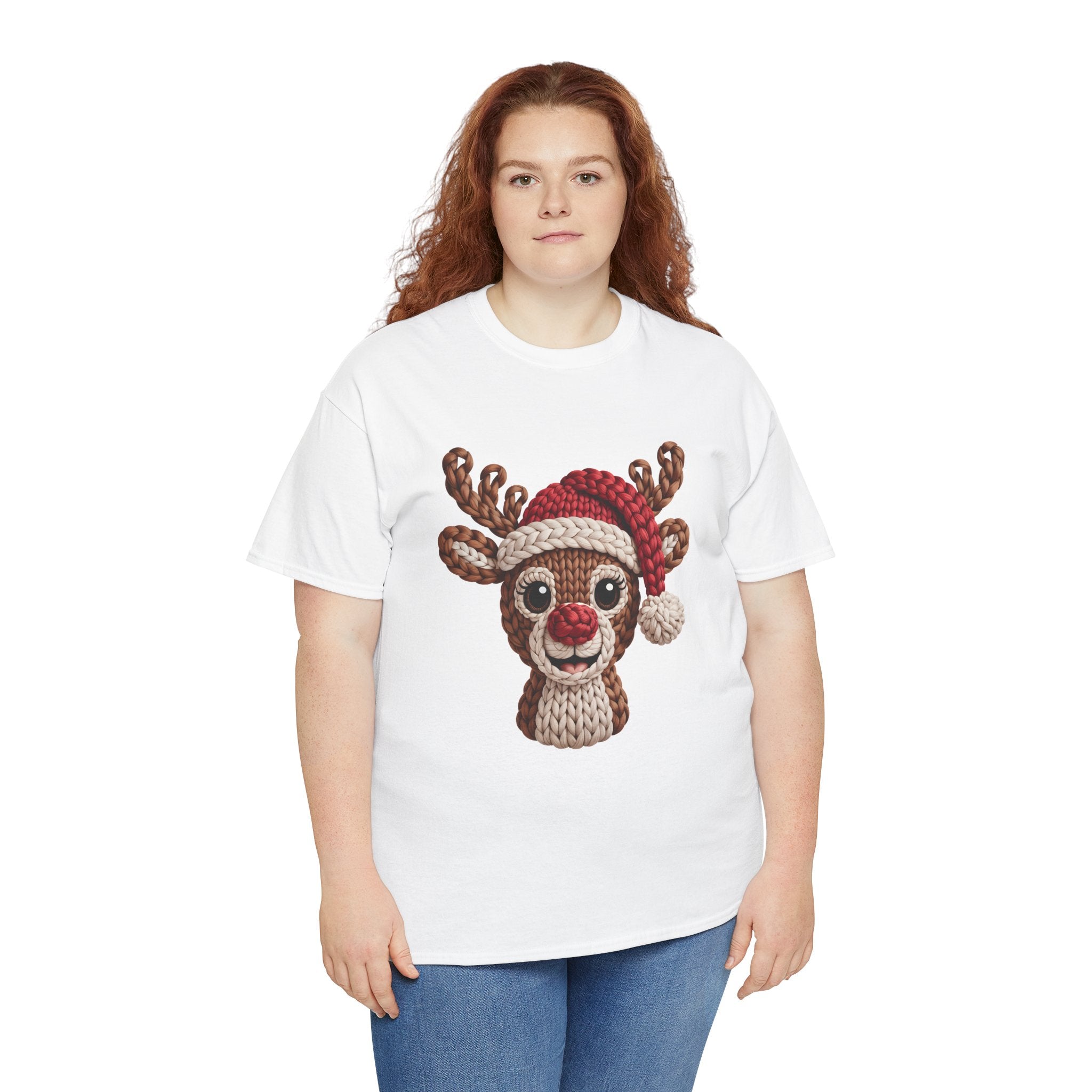 Reindeer in Santa Hat Cotton Tee — Joyful Faux-Yarn Holiday Unisex Coton T-Shirt