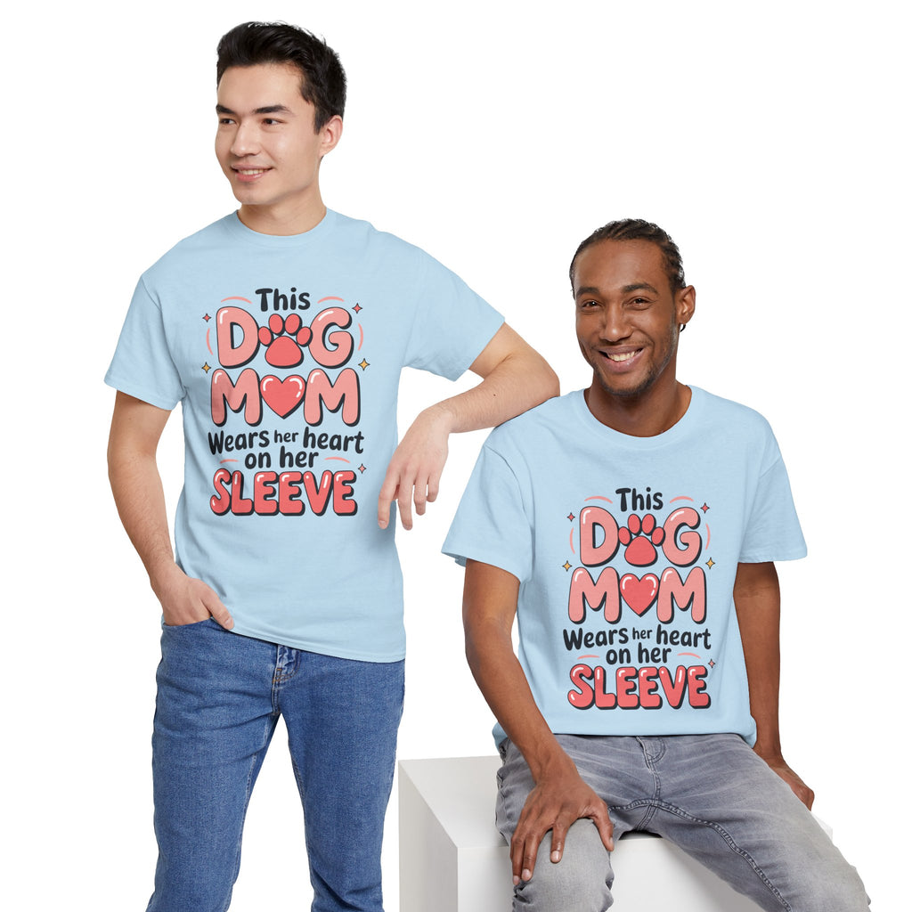 Dog Mom T-Shirt — "This Dog Mom Wears Her Heart on Her Sleeve" Paw & Heart Unisex Cotton Tee