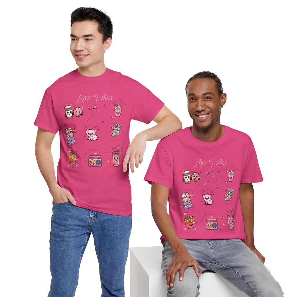 Love Vibes Kawaii Valentine T-Shirt — Cute Donut, Coffee & Piglet Design Unisex Cotton Tee