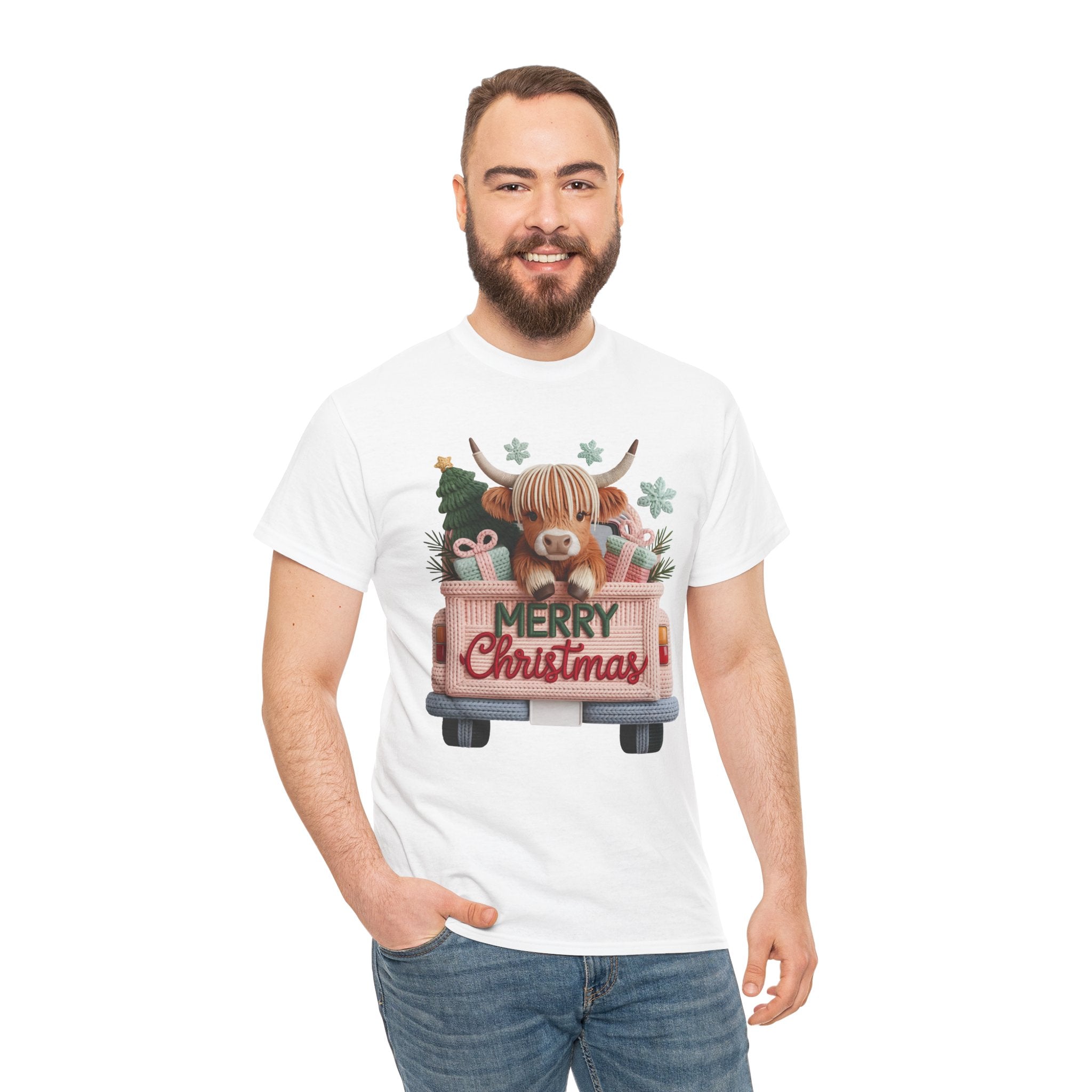 Merry Christmas Highland Cow Knit Truck Unisex Cotton T-Shirt
